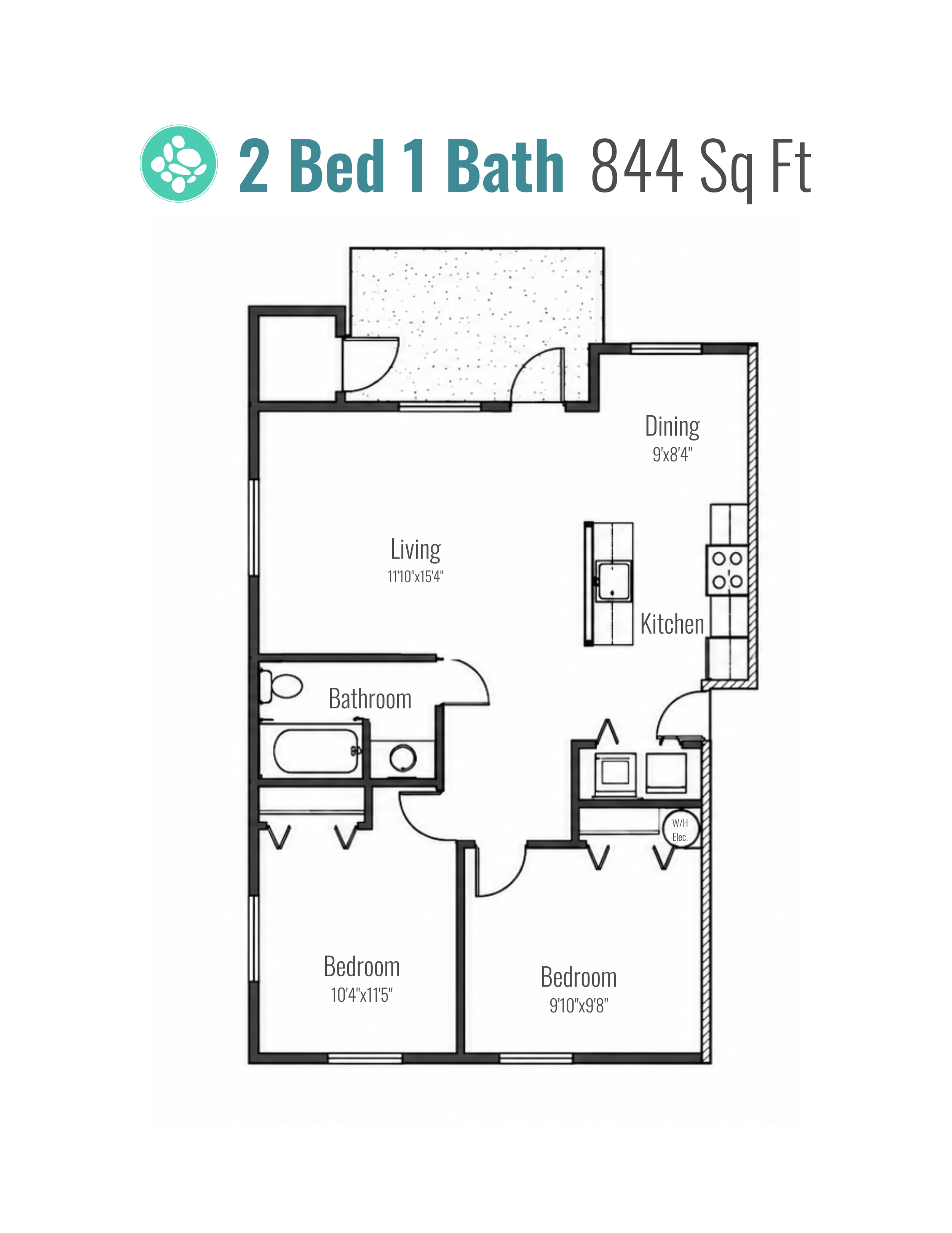 Floor plan of a house with two bedrooms, one bathroom, living and dining areas, and kitchen.