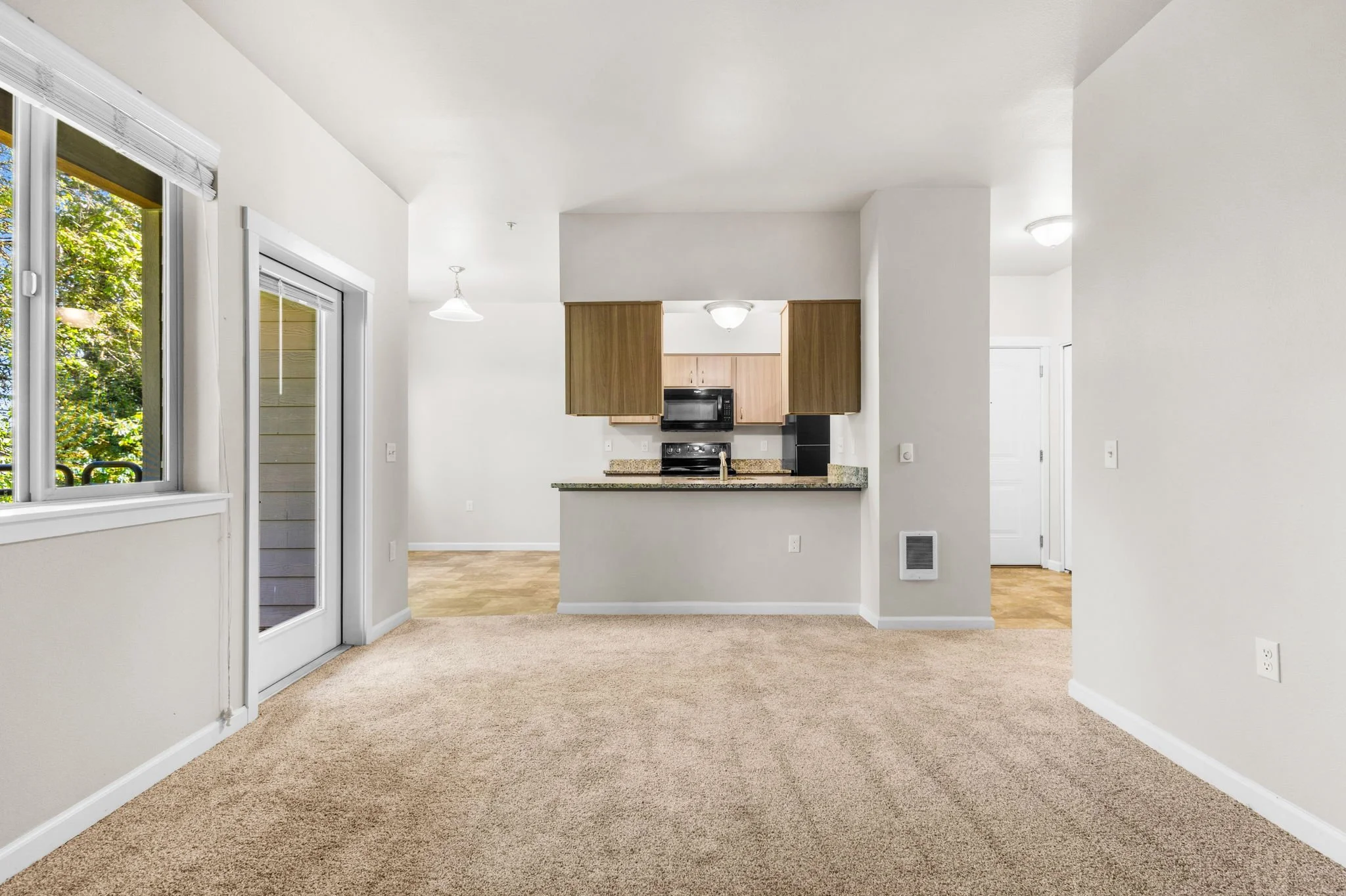 Interior of an unfurnished residential space with white walls, beige carpet, a kitchen with wooden cabinets, black appliances, and a granite countertop, large windows, and a sliding glass door showing trees outside.