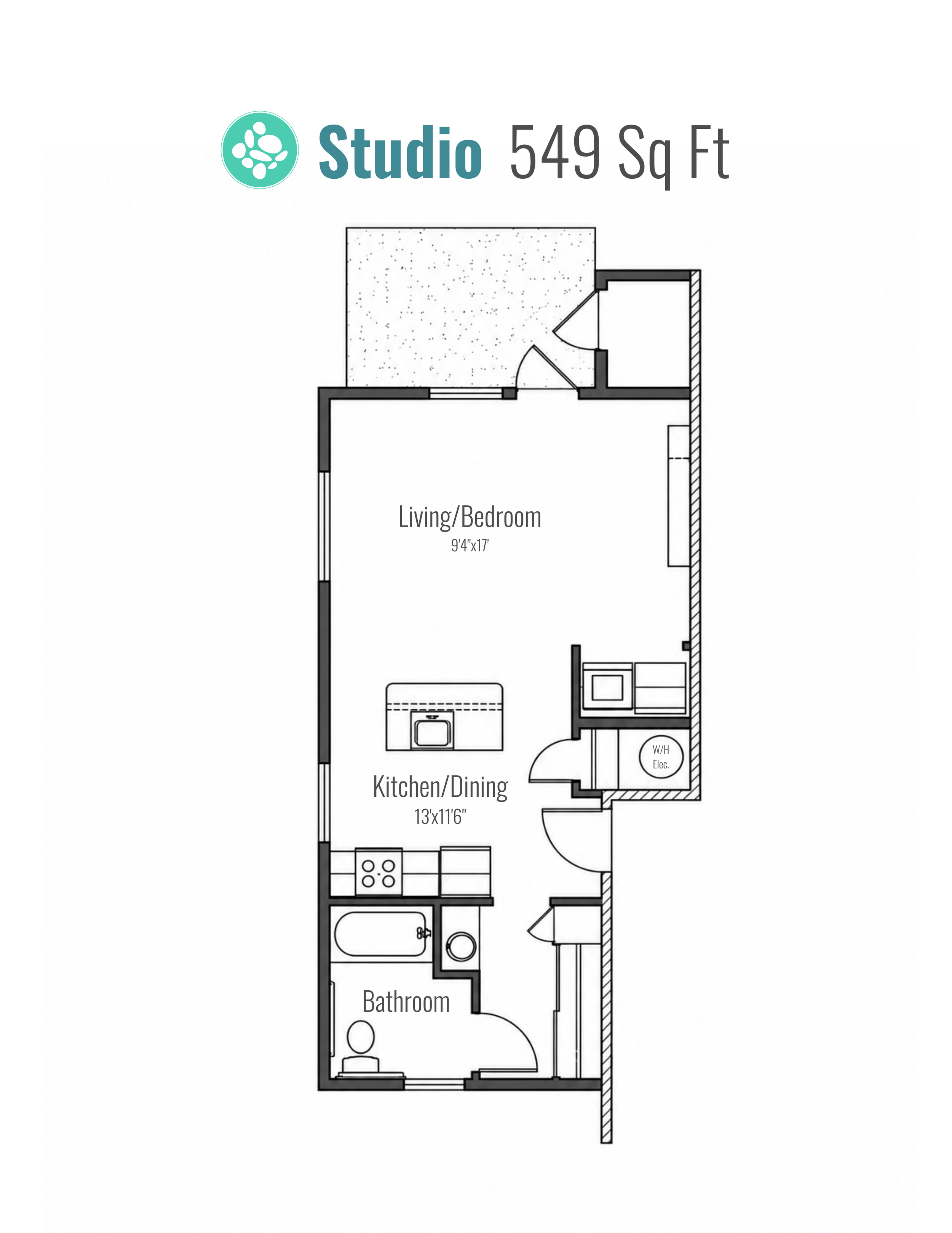 Floor plan of a small apartment, including a living/bedroom measuring 9'4" by 17', a kitchen/dining area measuring 13' by 11'6", a bathroom, and additional small spaces such as a closet and utility area.