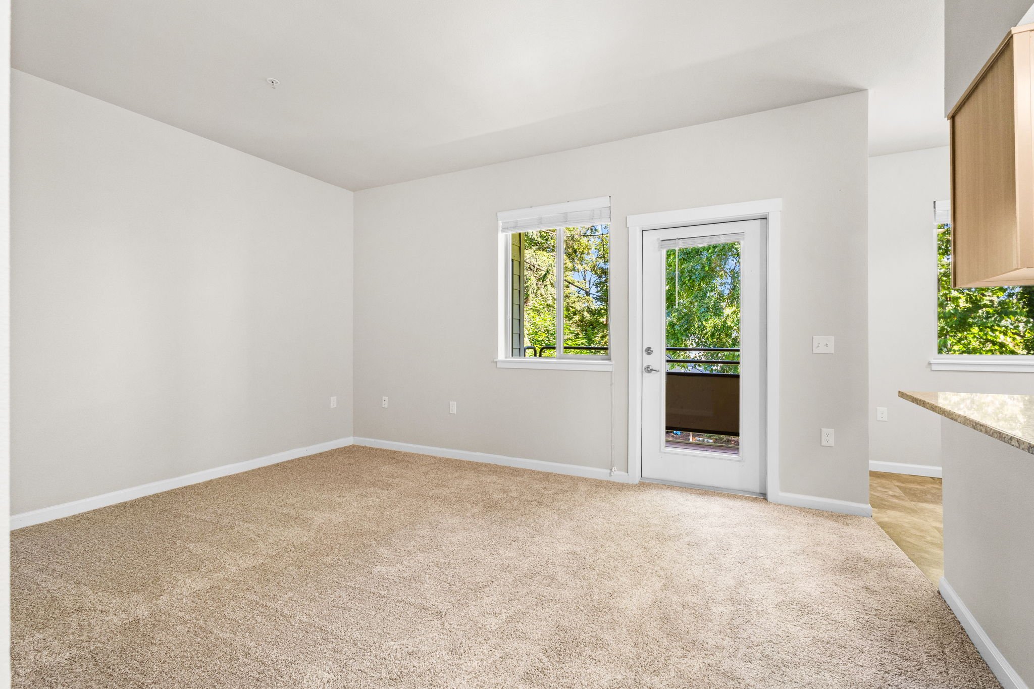 Empty living room with beige carpet, white walls, and large window and door overlooking greenery outside.