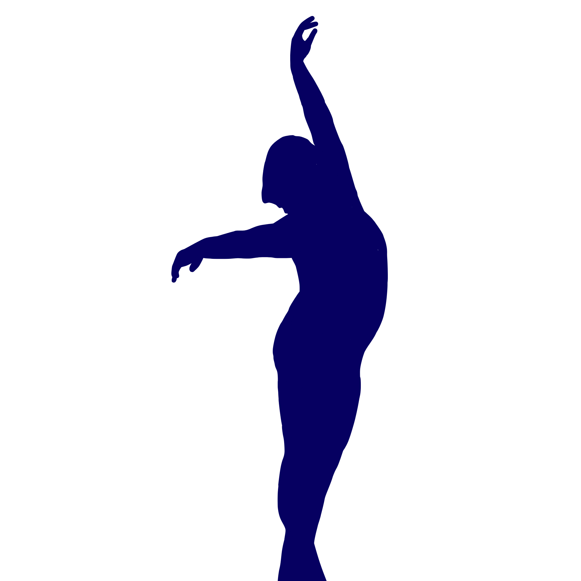 Silhouette of a person in a dance pose with one arm extended upward and the other arm extended downward, against an empty background.