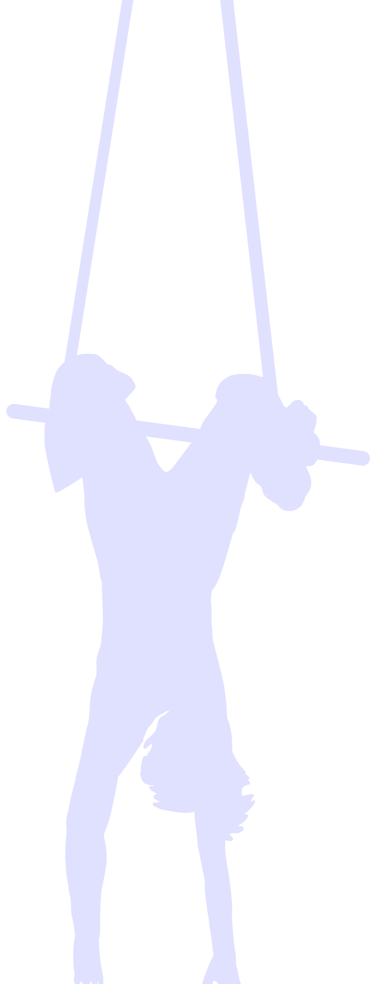 Silhouette of a dance trapeze performer, hanging by two knees from a trapeze bar, against an empty background.