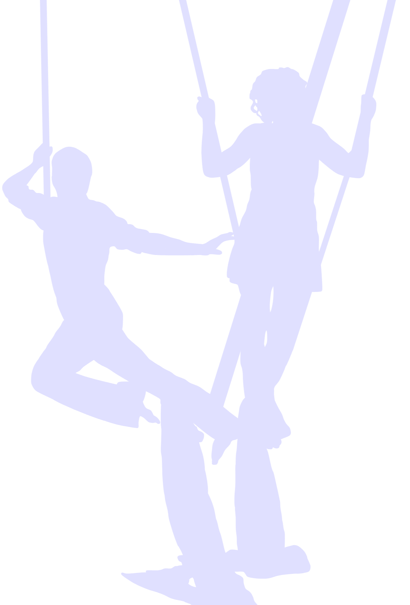 Silhouette of two aerial silks performers, silks crossed over each other, one performer reaching back toward the other, against an empty background.
