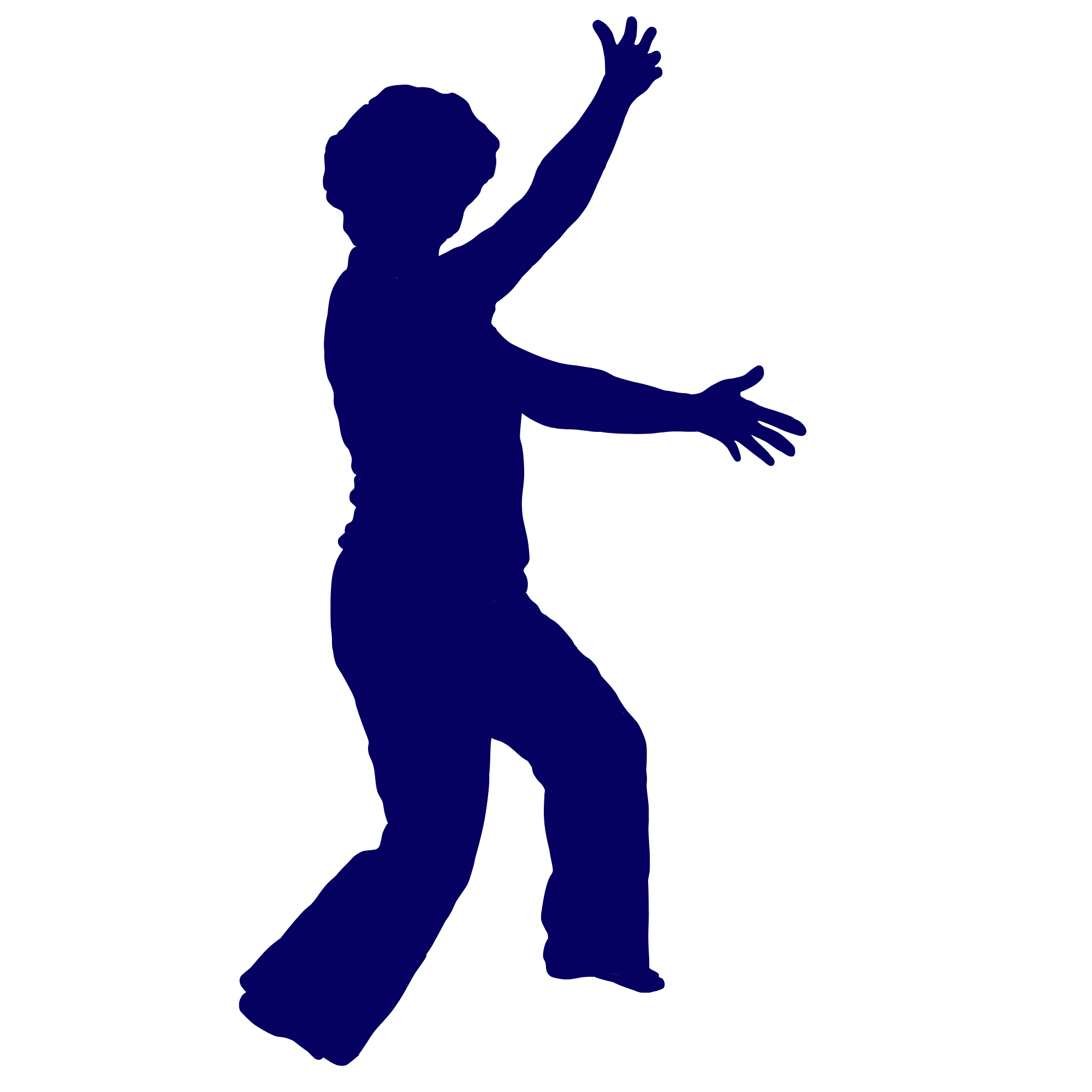 Silhouette of a person, gesturing toward the text with wide arms