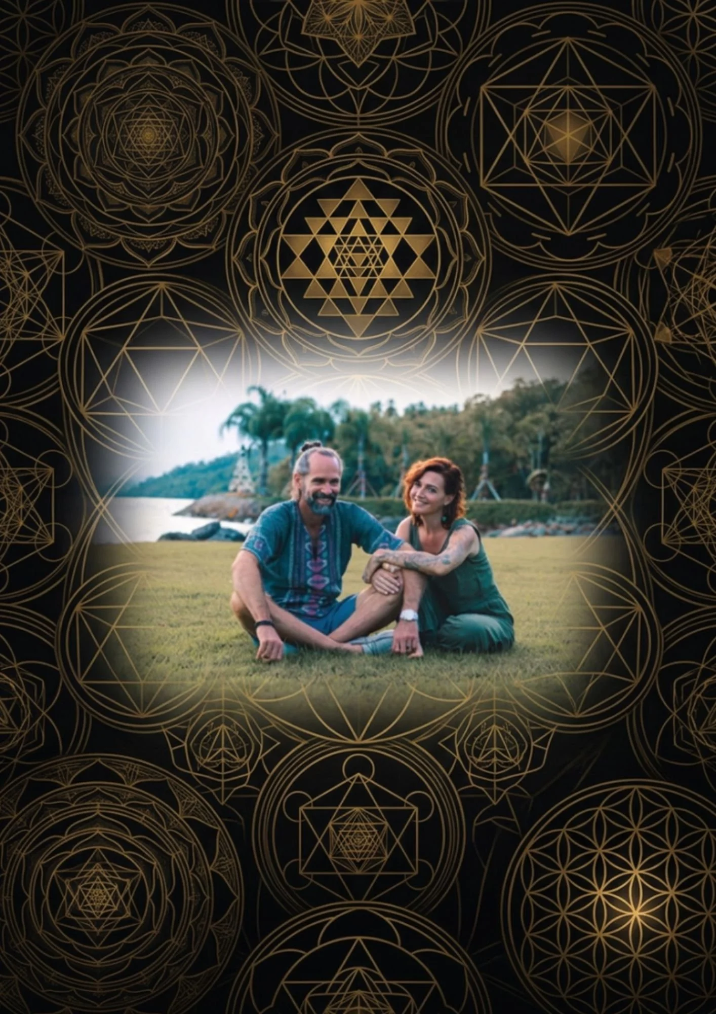 Two people sitting on grass by a body of water with trees and structures in the background, overlaid with a pattern of golden geometric and sacred symbols.
