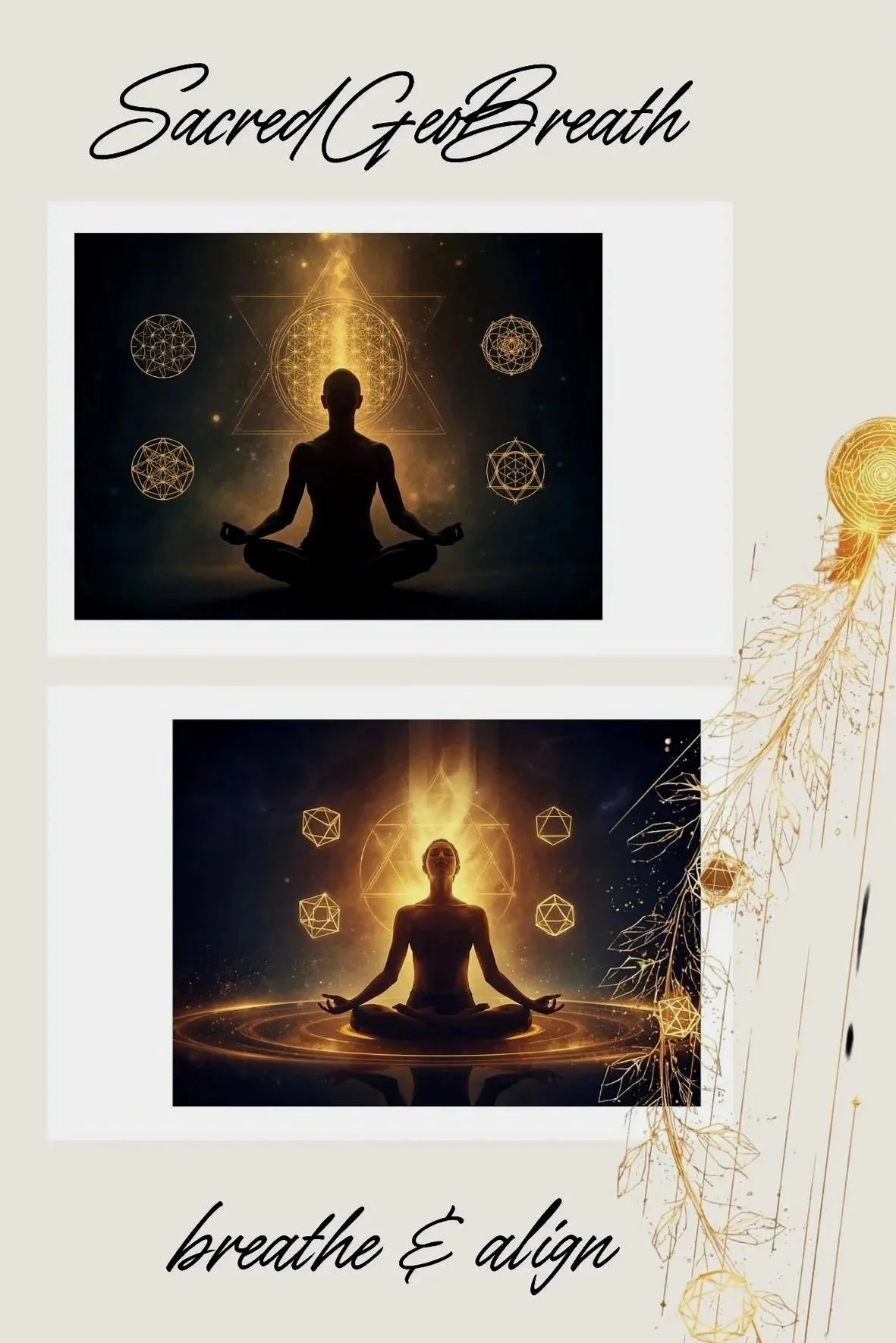 Two individuals in meditation poses with glowing geometric and sacred symbols around them, emphasizing breath and alignment.