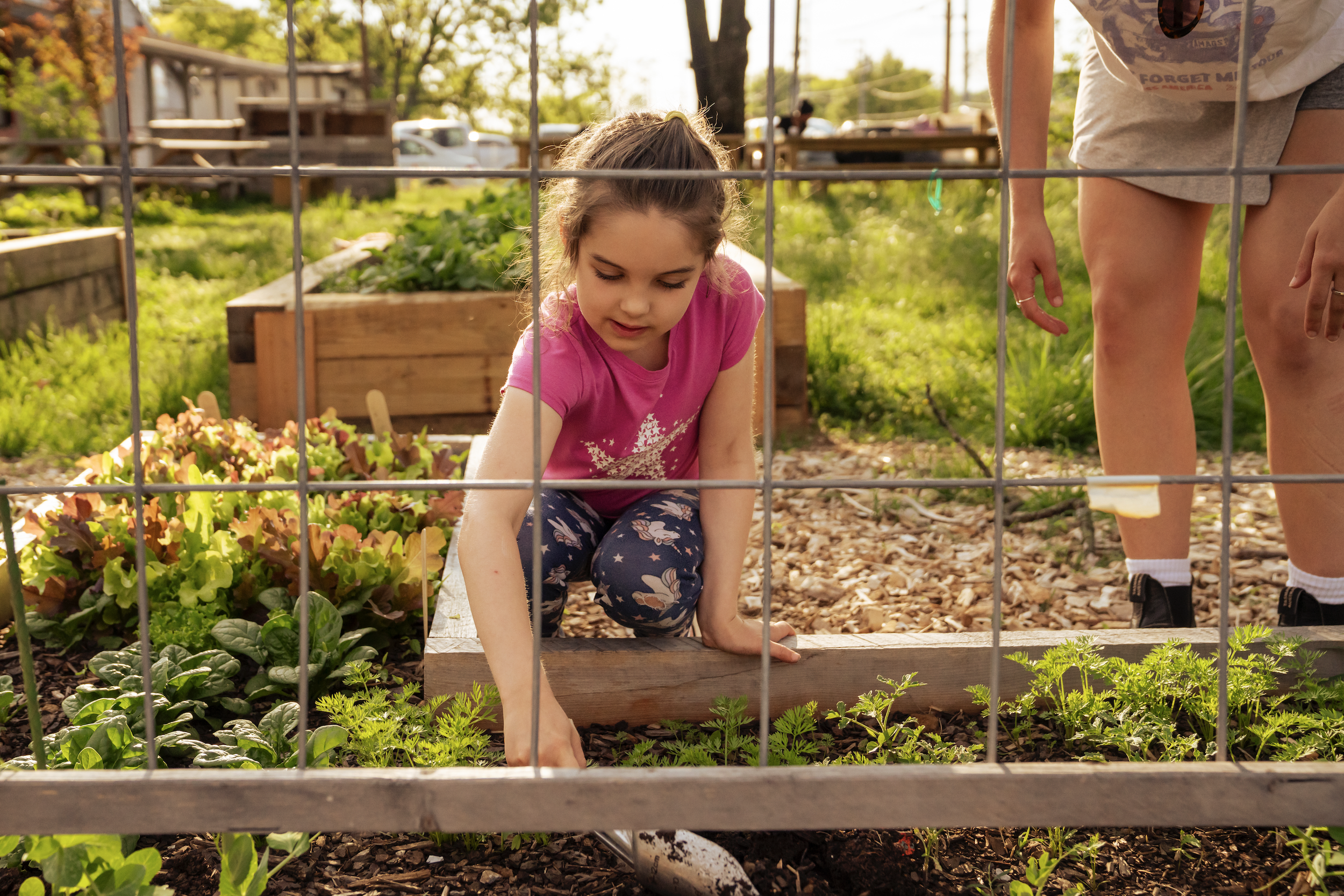 A young girl in a pink shirt and patterned leggings is gardening, kneeling by a raised bed, with a person standing beside her. They are outside in a garden with leafy plants and trees in the background, and a fence in the foreground.
