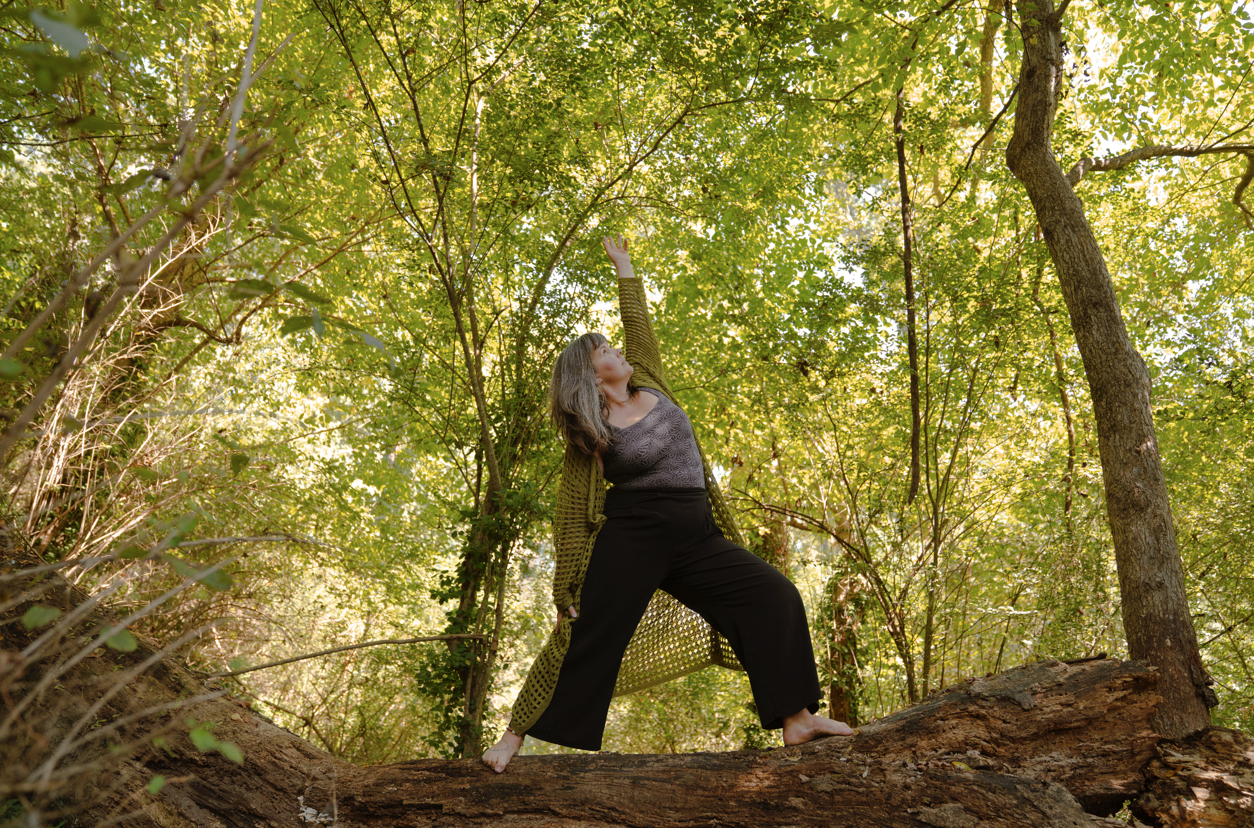 A woman standing on a fallen tree trunk in a forest, reaching up to touch the leaves above her.