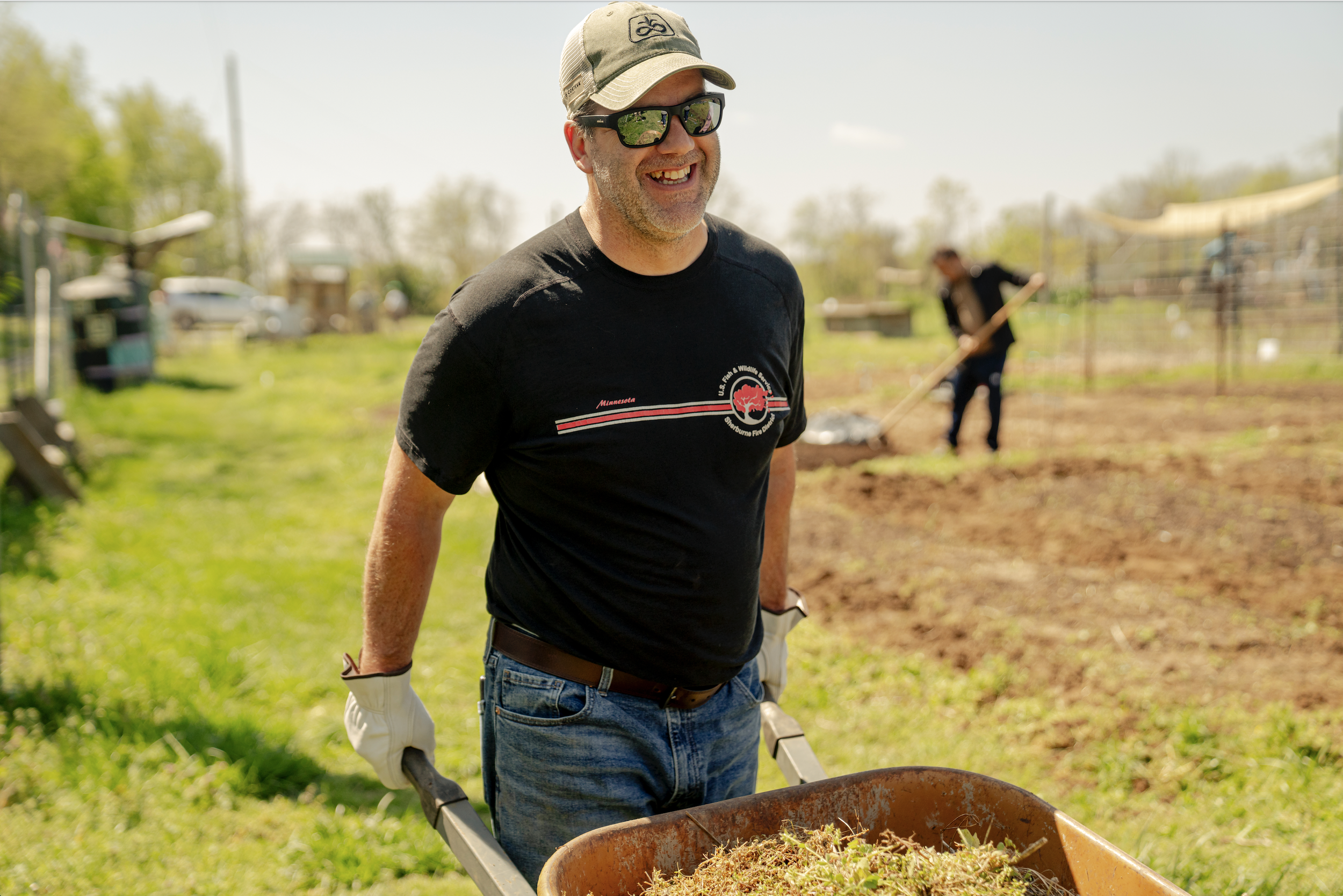 A man wearing a beige cap, black sunglasses, a black t-shirt, and jeans pushing a wheelbarrow filled with soil or compost in a garden on a sunny day.