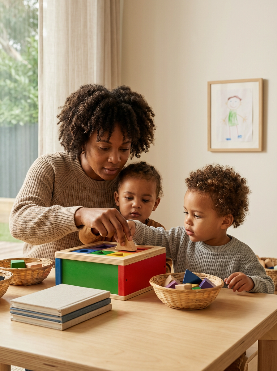 A woman and two young children playing with a shape-sorting toy at a wooden table in a cozy, well-lit room.