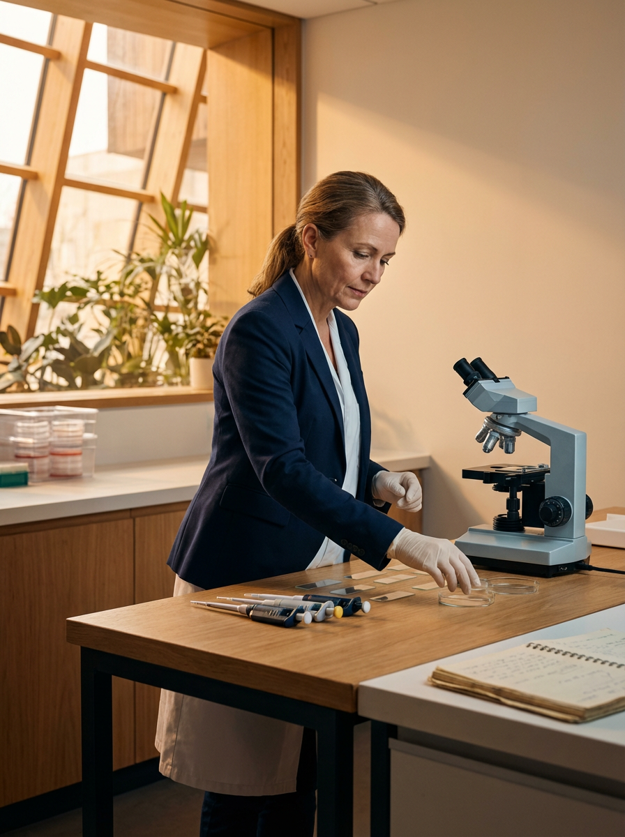 A scientist in a blue blazer and white gloves working with samples and a microscope in a laboratory.