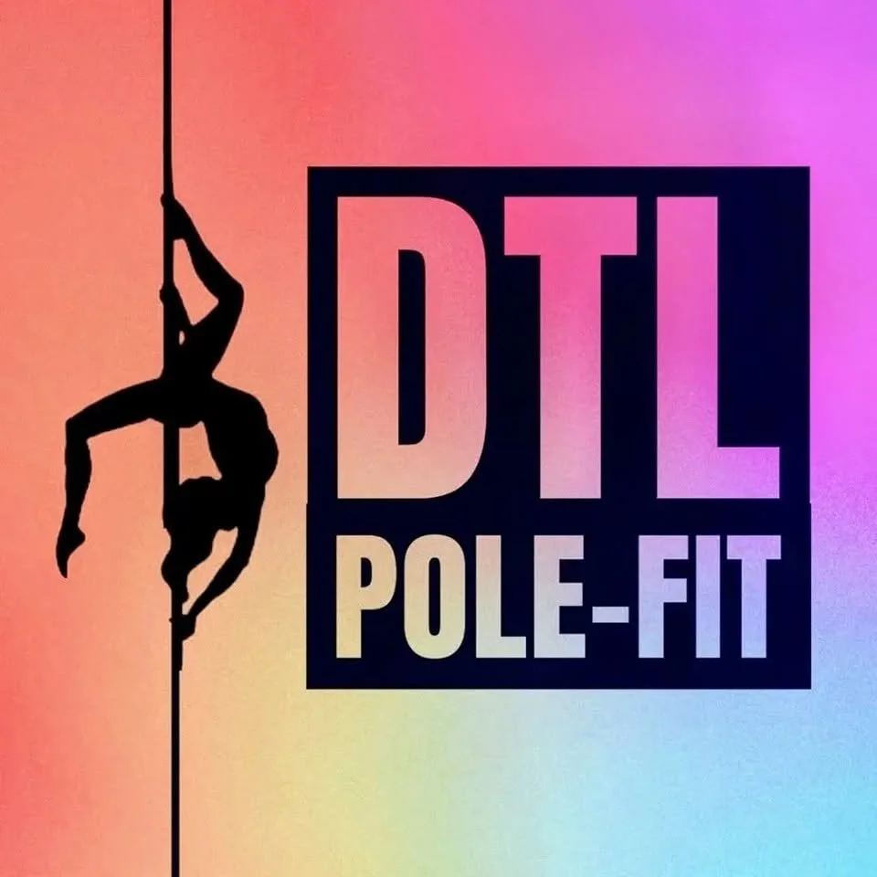 Silhouette of a person performing pole fitness on a vertical pole next to the text 'DTL POLE-FIT' against a colorful gradient background.