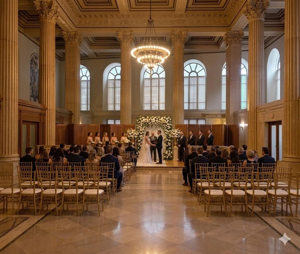 A wedding ceremony taking place in a grand, ornate hall with tall columns and large arched windows. The bride and groom are standing under a floral arch, surrounded by bridesmaids and groomsmen. Guests are seated on gold chairs, watching the ceremony.