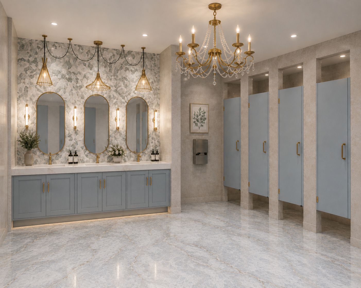 A luxurious public restroom with three oval mirrors above a blue vanity with gold handles, decorated with plants and soap dispensers. Four stalls with blue doors and gold handles are on the right, illuminated by a large chandelier and wall sconces, with marble flooring and tiled walls.
