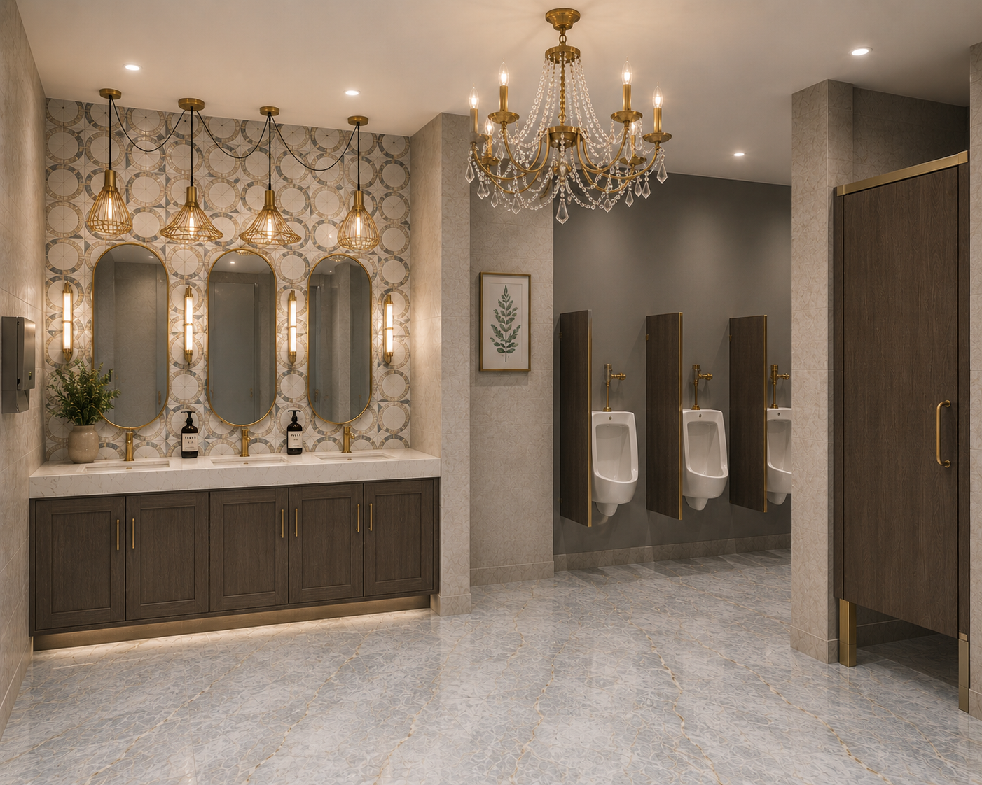 A modern men's bathroom with three urinals, a vanity with three mirrors, decorative lighting, and elegant fixtures.