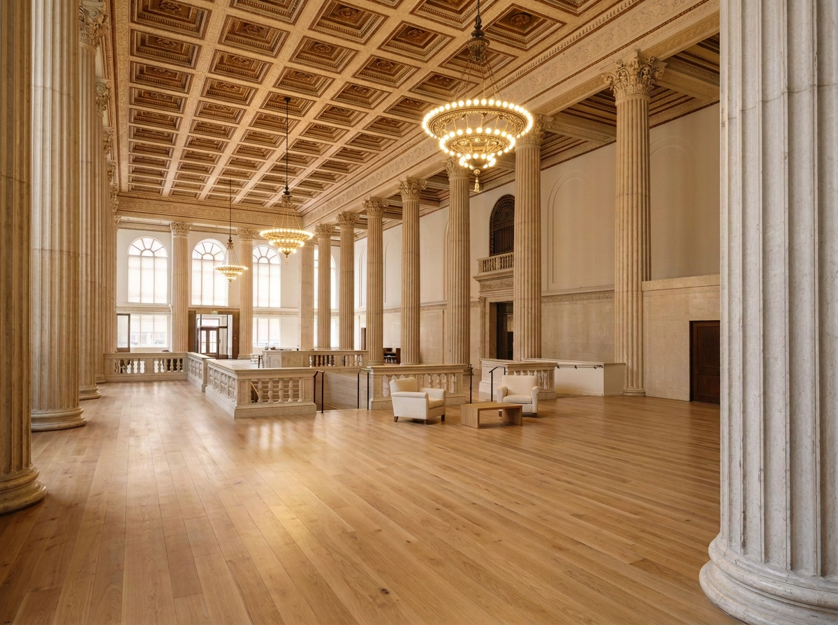 Elegant hall with tall columns, large windows, chandeliers, and wooden floors.