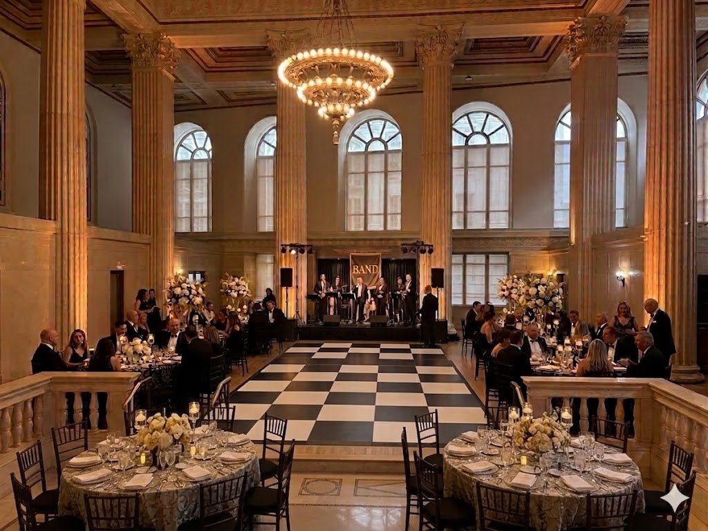Elegant formal event in a grand hall with high arched windows, large floral arrangements, a checkered dance floor, and a band performing on stage.