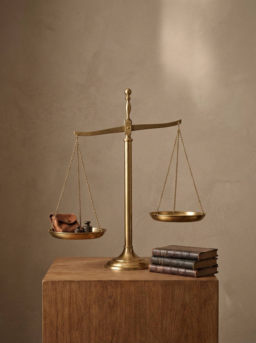 A brass balance scale with one side holding a few small objects, including a leather pouch and small containers, and the other side empty, placed on a wooden surface with a stack of old books next to it.