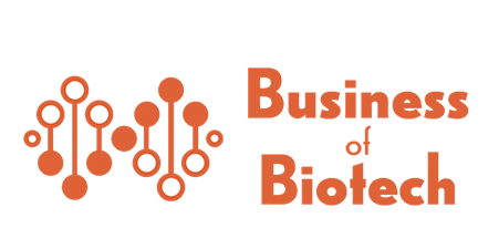 Logo with a stylized orange circuit board icon and the text 'Business of Biotech' in orange.