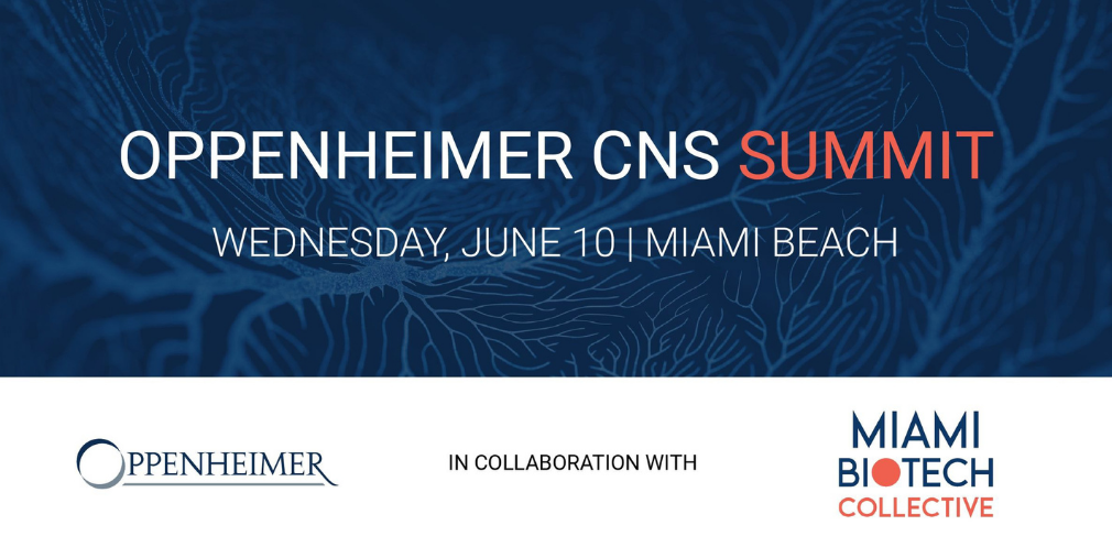 Event banner for the Oppenheimer CNS Summit scheduled for June 10 in Miami Beach, in collaboration with Miami Biotech Collective.