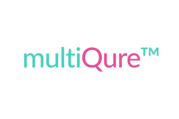 MultiQure logo with stylized text in teal and pink colors.