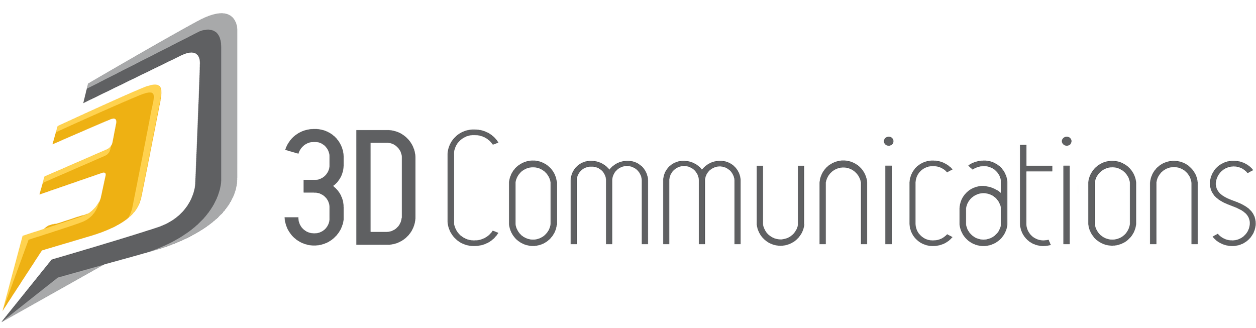 Logo of 3D Communications with a stylized speech bubble and yellow and gray colors.