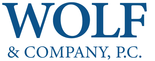 Logo of Wolf & Company P.C., featuring the word 'WOLF' in large blue letters with '& COMPANY P.C.' underneath.