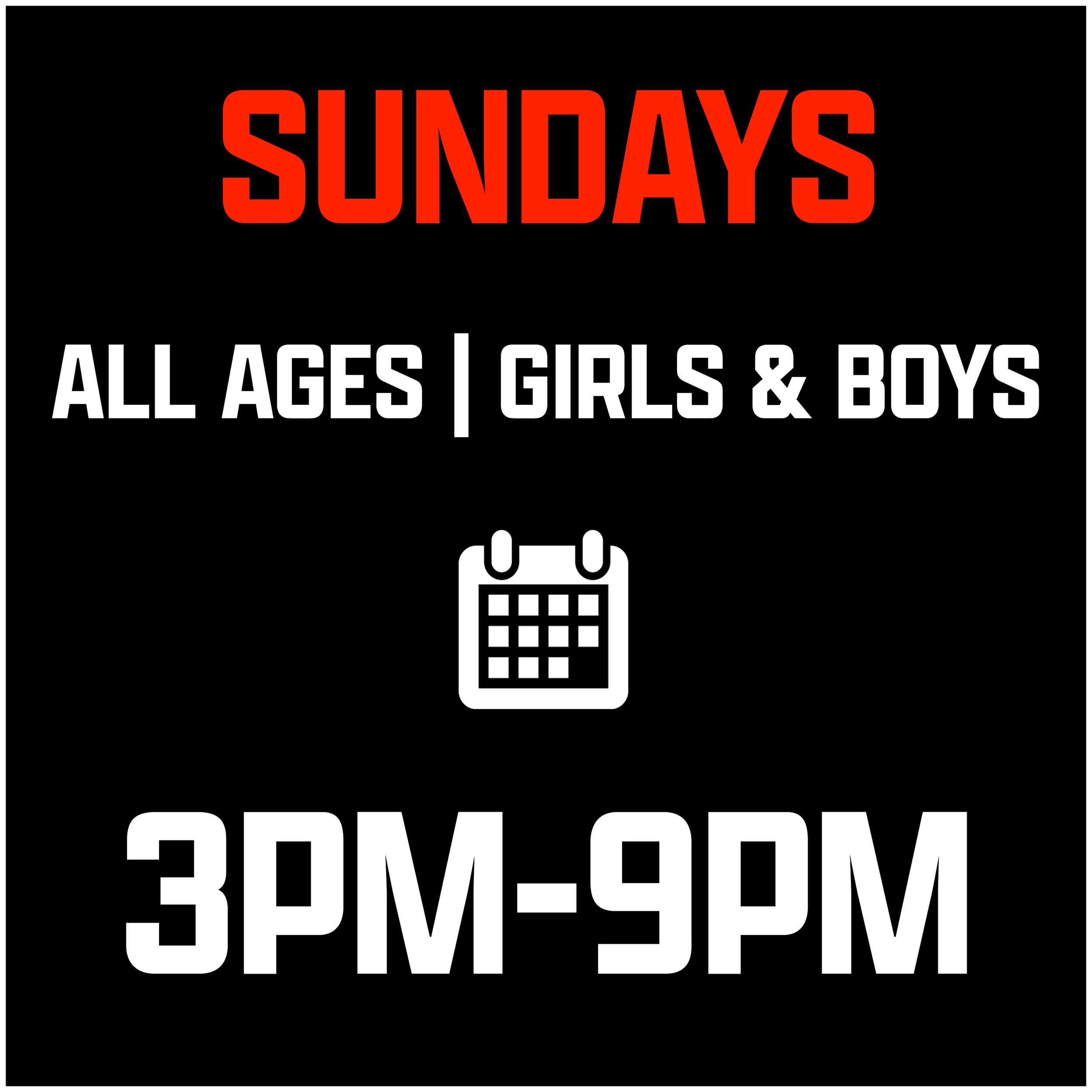 The image features the word 'SUNDAYS' in bold, red uppercase letters, centered against a black background. Below it, there is white text that reads 'ALL AGES | GIRLS & BOYS' in uppercase letters, separated by a vertical line, also on the black background.