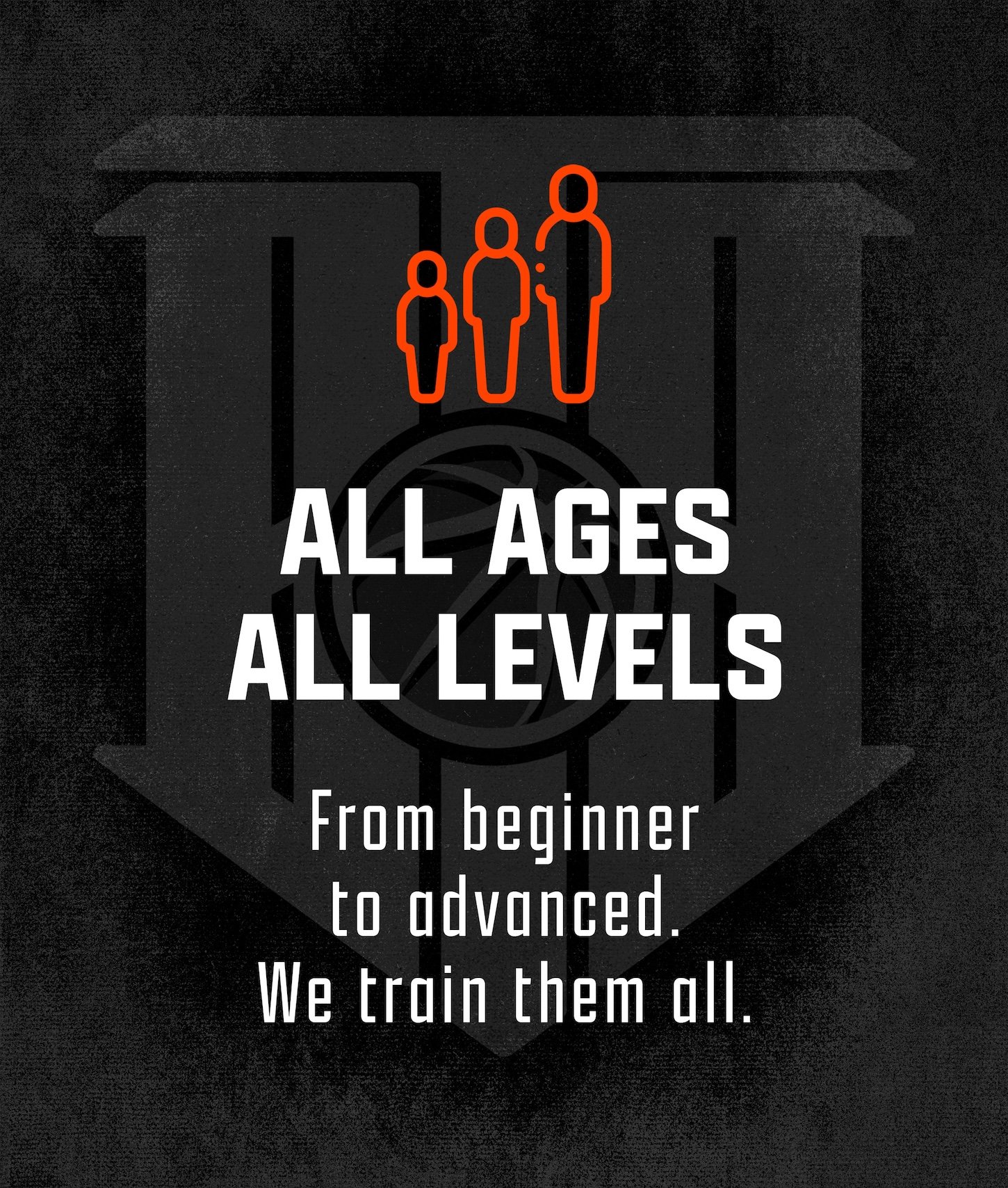 A graphic with a black background featuring a stylized red outline of a group of people and a quote about training and development in white text reading, "All ages, all levels, from beginner to advanced. We train them all."