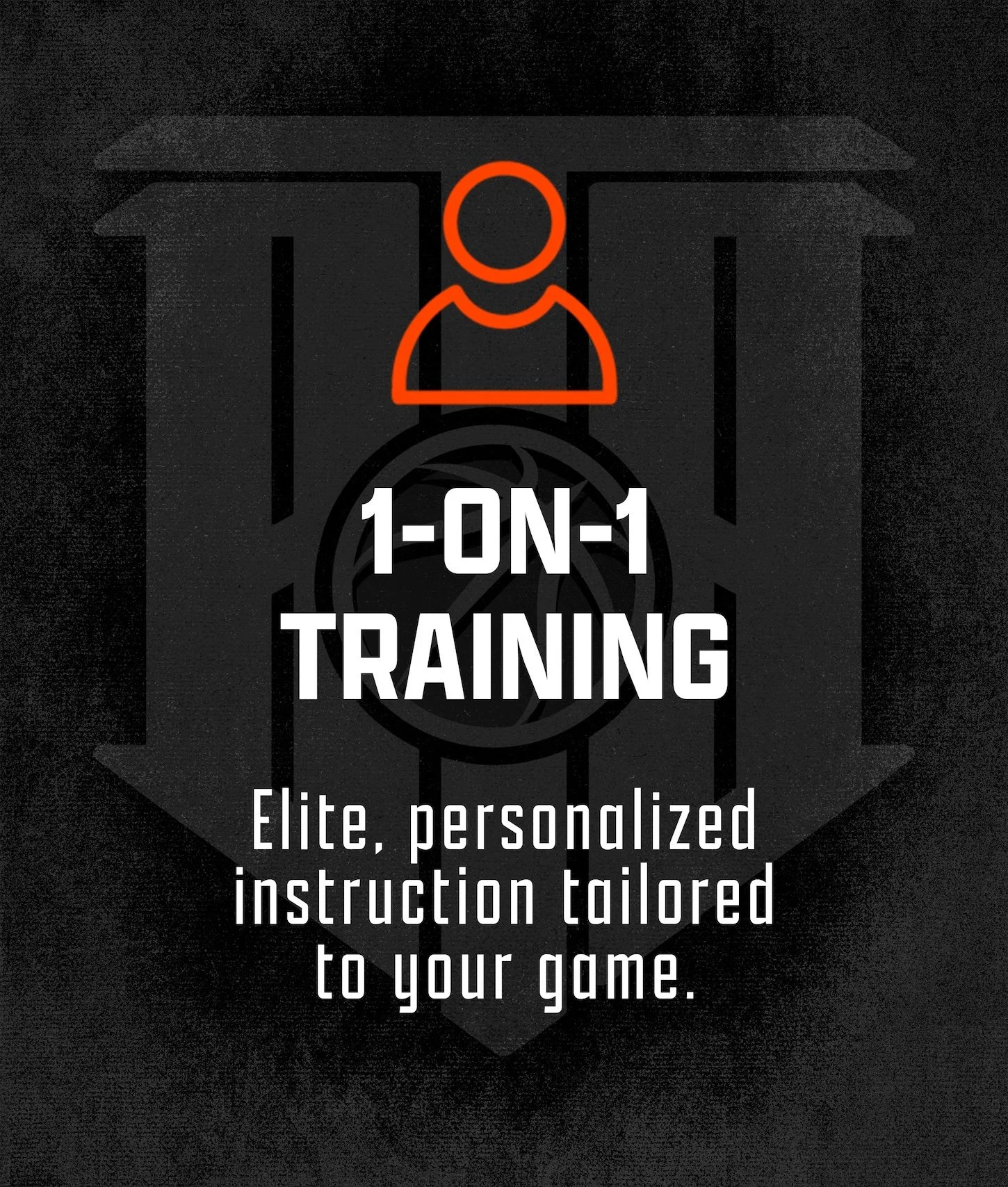 Digital graphic with a dark background and bright orange outline of a person and a basketball hoop behind the person. Text overlay: '1-on-1 TRAINING' and 'Elite, personalized instruction tailored to your game'.