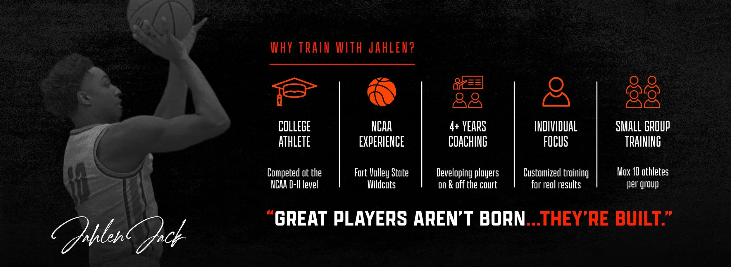 Black and white photo of a young basketball player preparing to shoot a basketball, with text overlay about training with Jahlen, highlighting athlete's background, coaching, focus, and training details, including quote: "Great players aren't born... they're built."