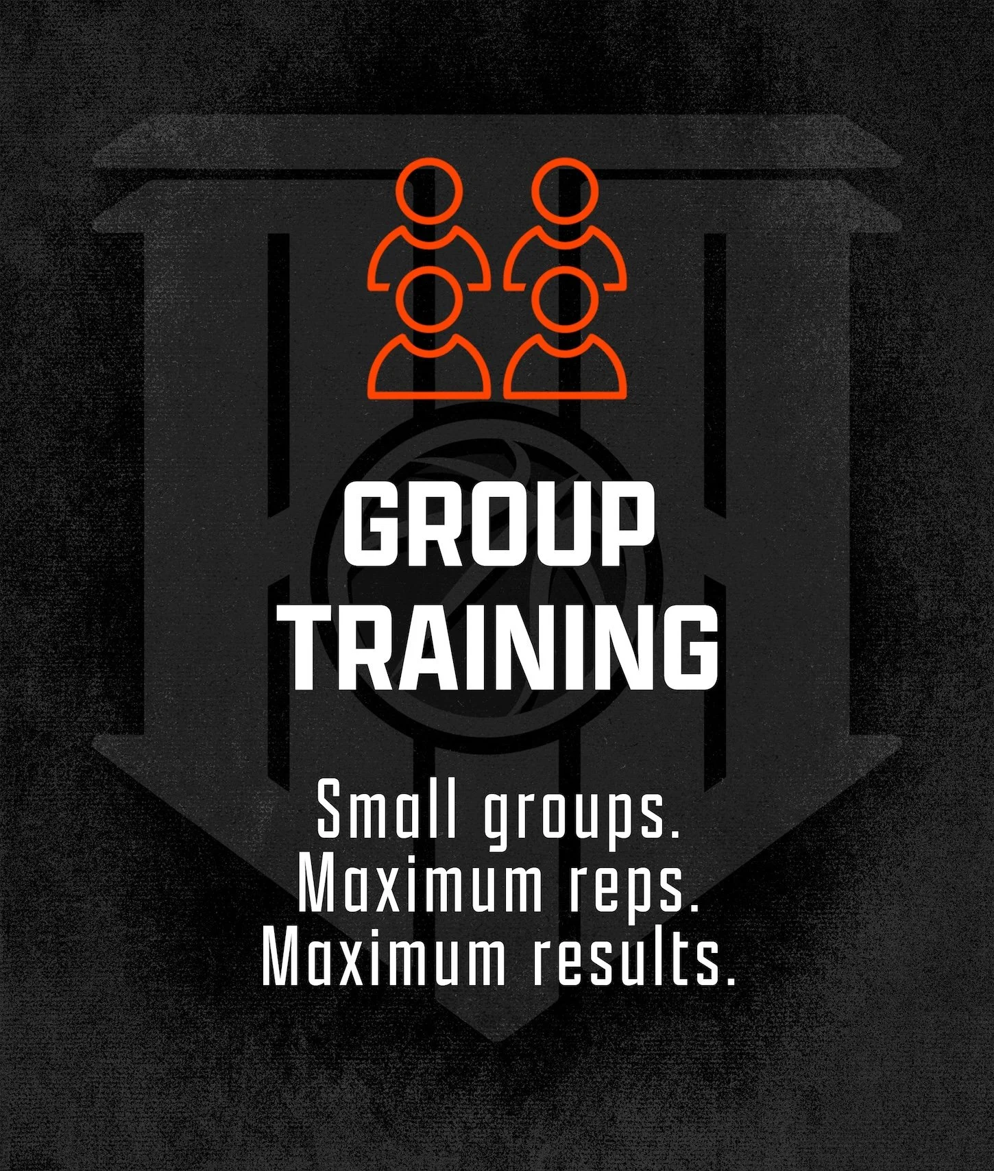Graphic showing four outline icons of people arranged in a small group with text promoting group training for small groups, emphasizing maximum reps and results.