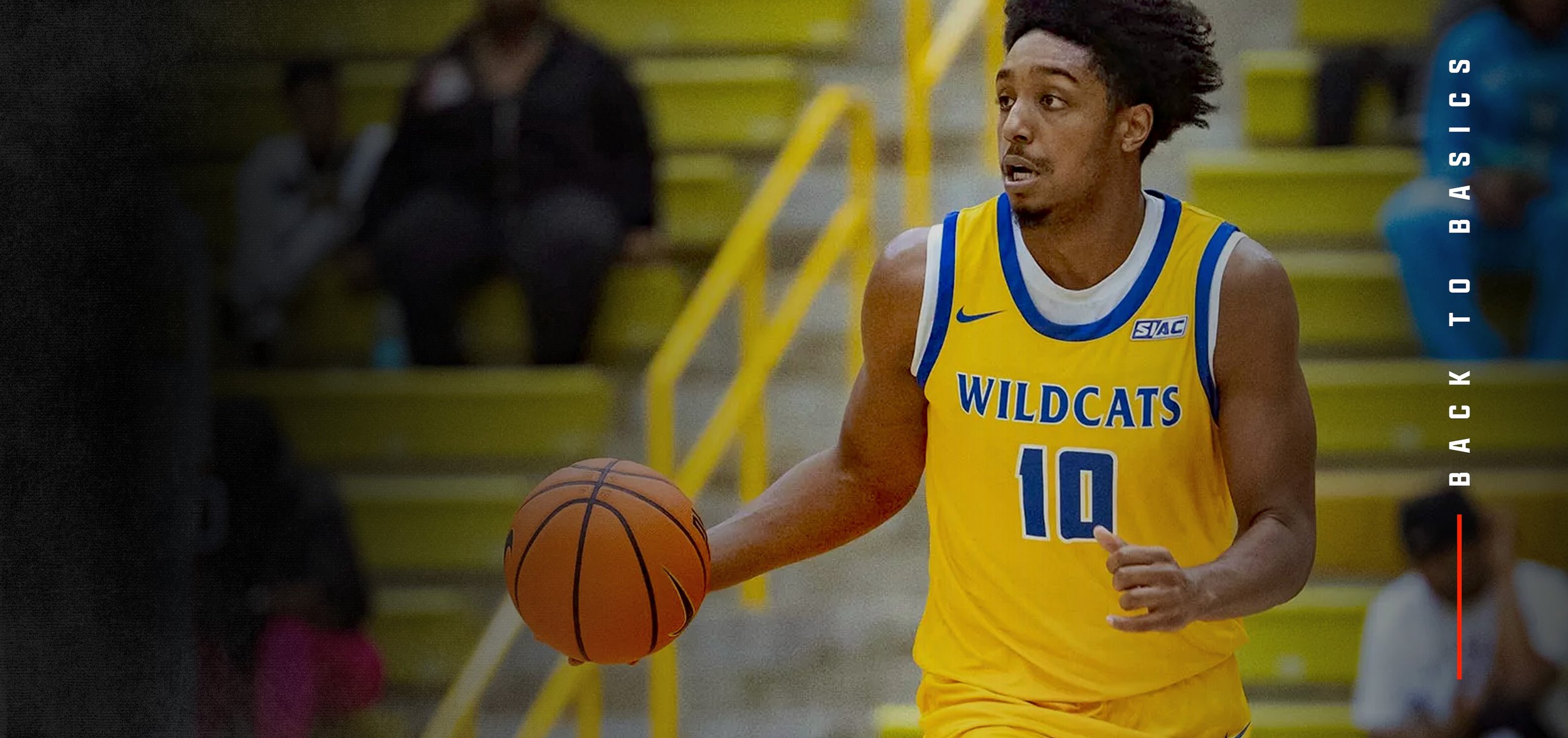 A basketball player wearing a yellow and blue jersey with the word 'WILDCATS' and the number 10 holding a basketball during a game in a gymnasium with yellow bleachers.