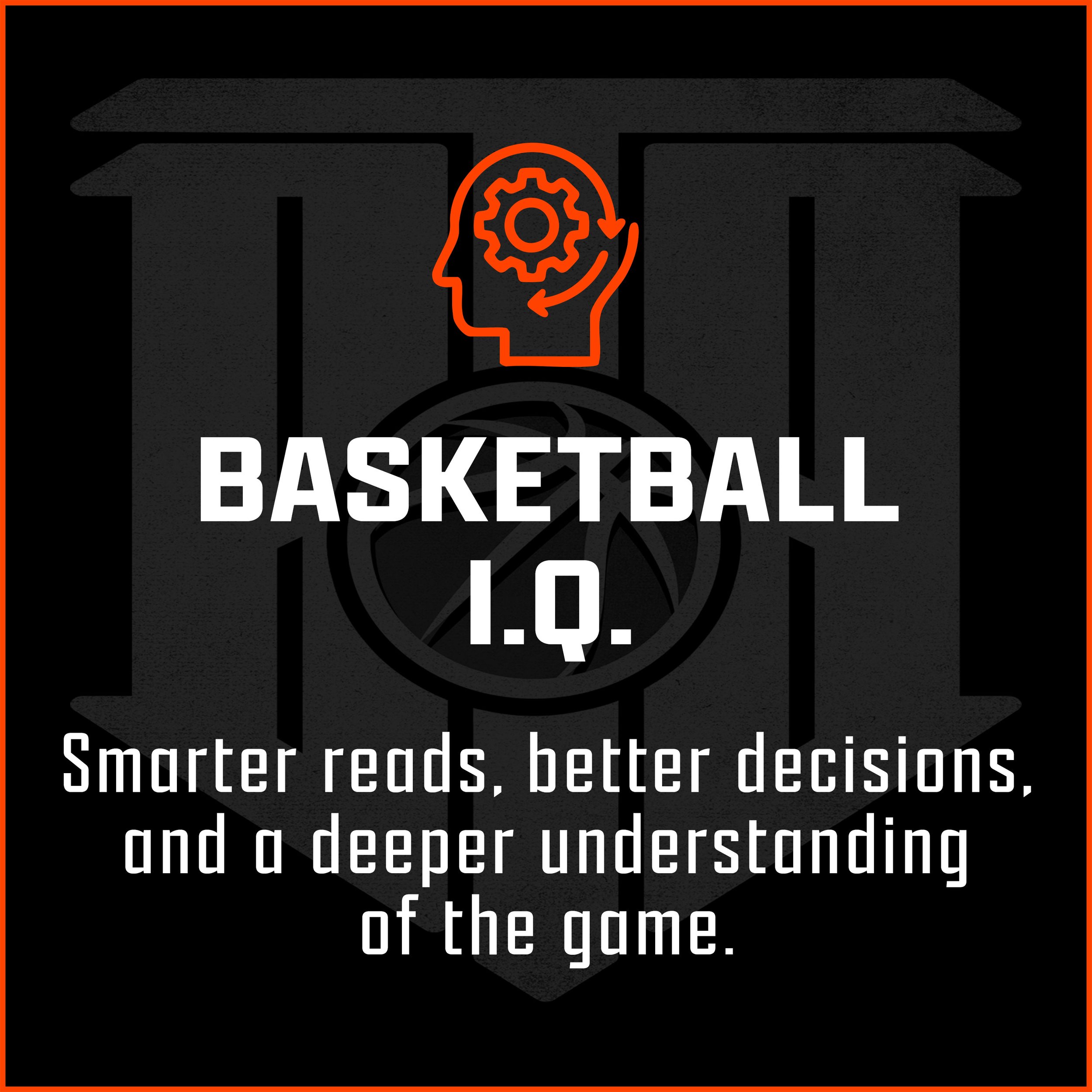 Graphic of a basketball with a gear inside a human head and the caption 'Basketball 1.Q.' with a quote about smarter strategies leading to better decisions in the game.