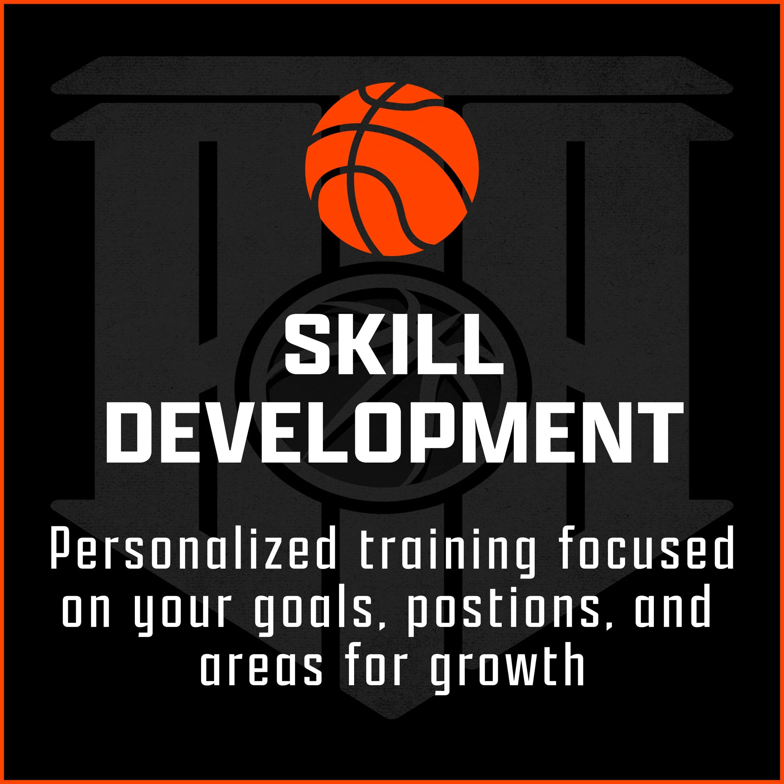 Graphic design featuring an orange basketball with black lines centered on a black background with gray geometric shapes. The text reads: 'SKILLS', 'RELEVANT', 'DEVELOPMENT', and part of a sentence about personalized training focused on growth.