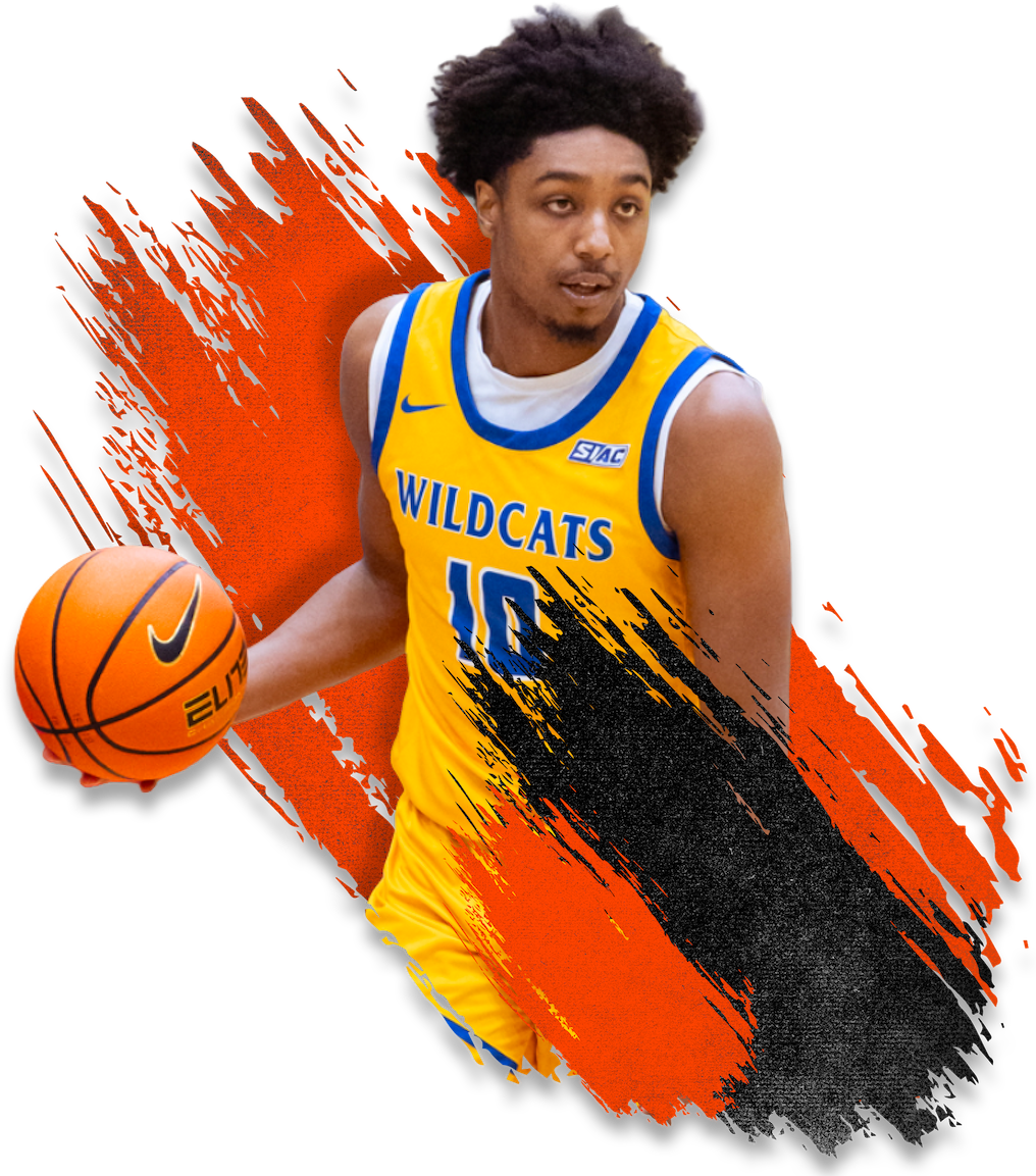Young male basketball player in a yellow and blue Wildcats jersey with the number 10, holding an orange basketball, standing against a stylized black and orange background.