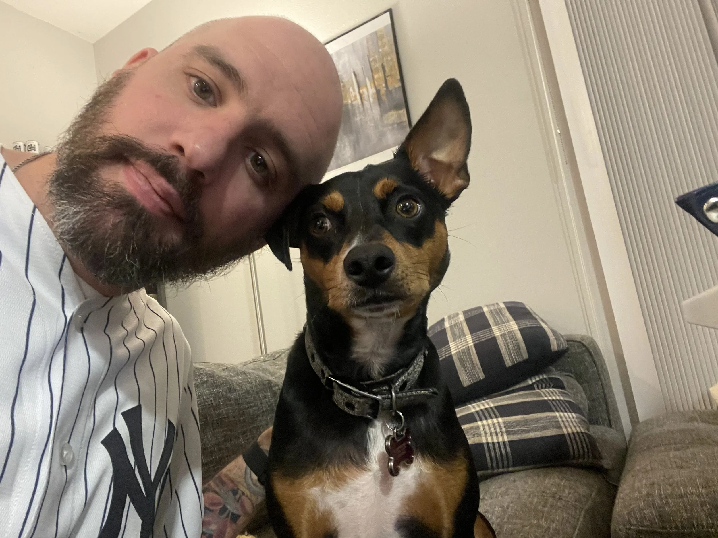 A man with a beard and wearing a striped baseball jersey is taking a selfie with a large black and tan dog, possibly a Rottweiler mix, sitting on a couch in a living room.