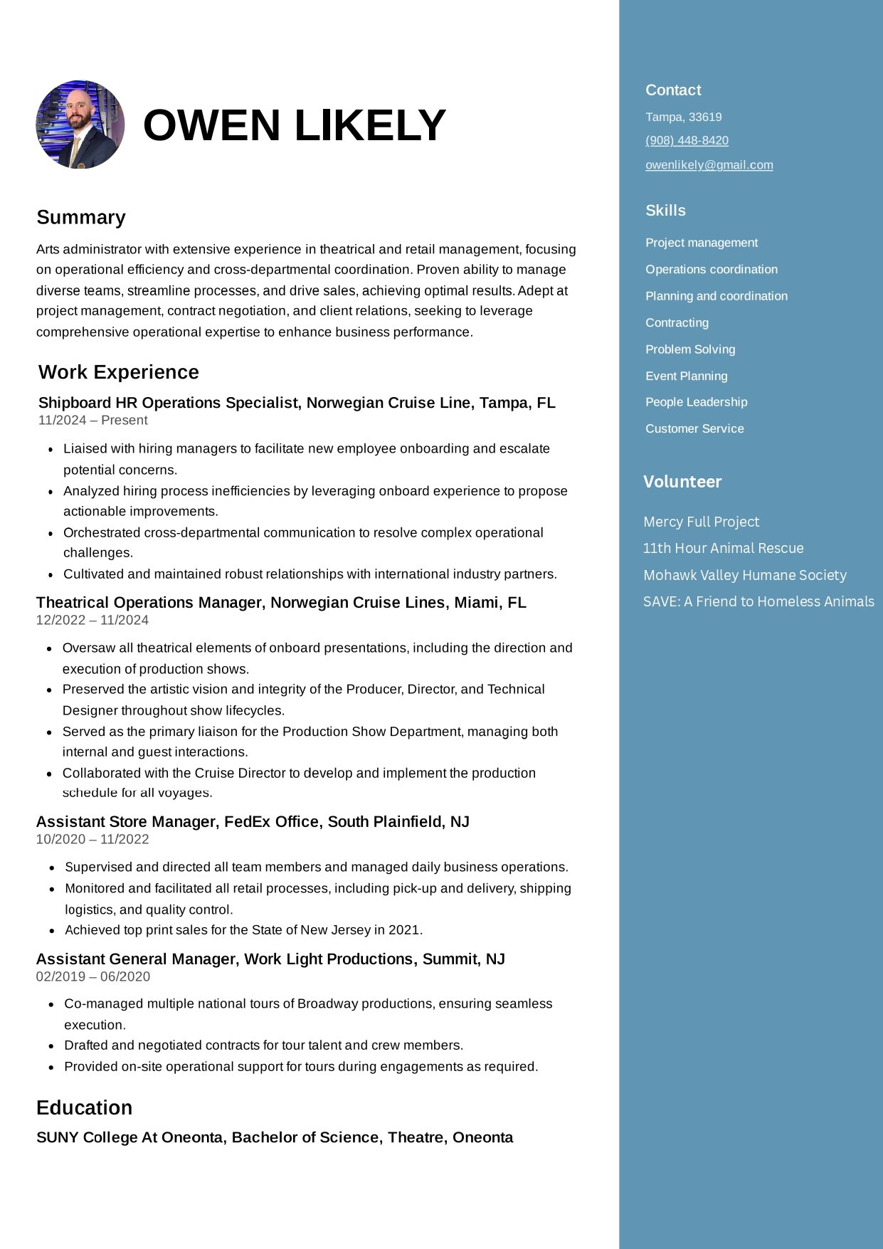 Resume header featuring a photo of a man, bold name Owen Likely, contact info, skills, volunteer activities, work experience, and education sections on a blue and white background.