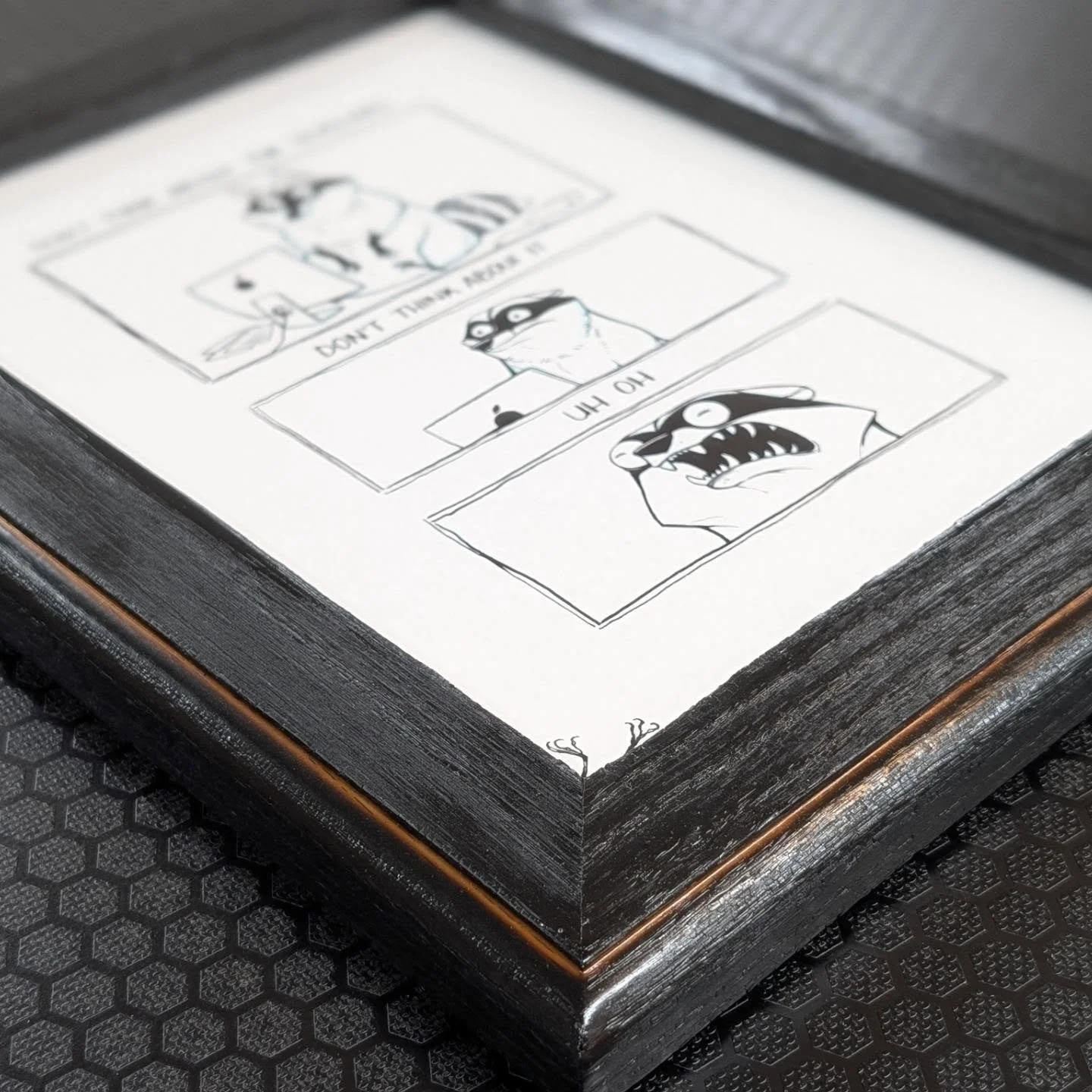 Shou Sugi Ban Comic Frame 🔥🦝
.
No stains or dyes used on this one; just Red Oak and a blowtorch 🌰🔥
As a Project Manager, this comic really spoke to me 🙏
.
Comic by @simkaye 👩&zwj;🎨🦝
.
#woodworking #shousugiban #frame #raccoon #comic