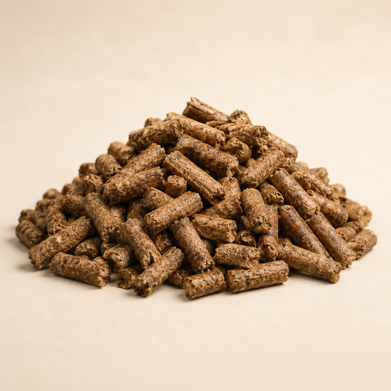 Pile of brown wood pellets on a plain light background.