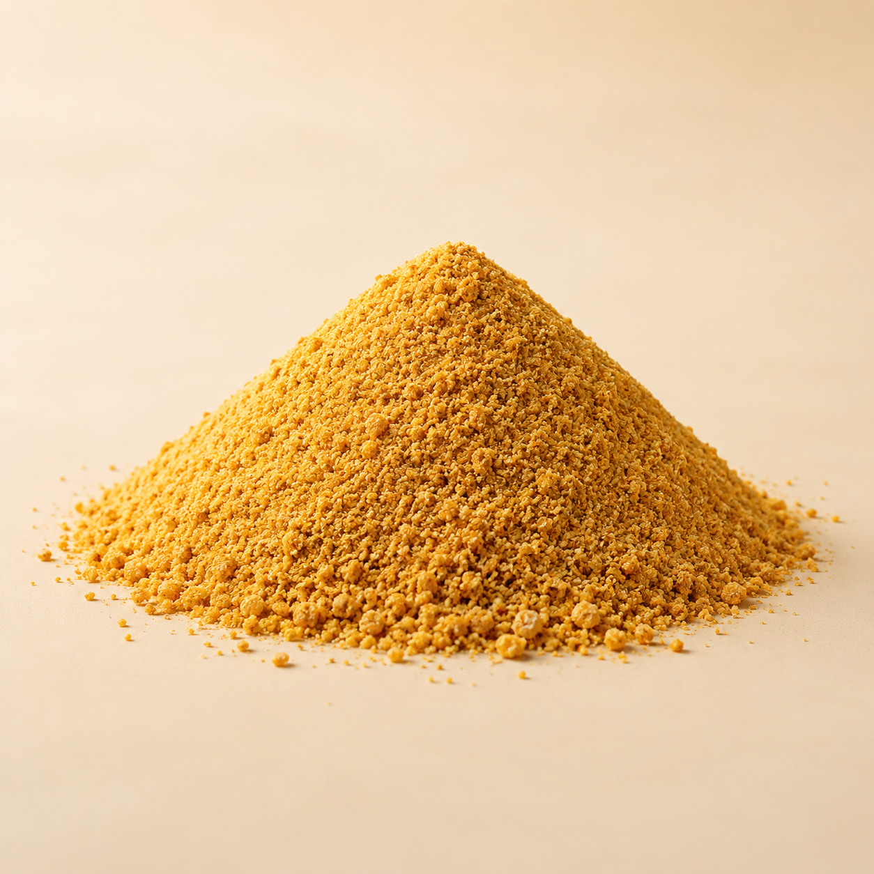 A mound of yellowish ground spice or seasoning on a plain white background.