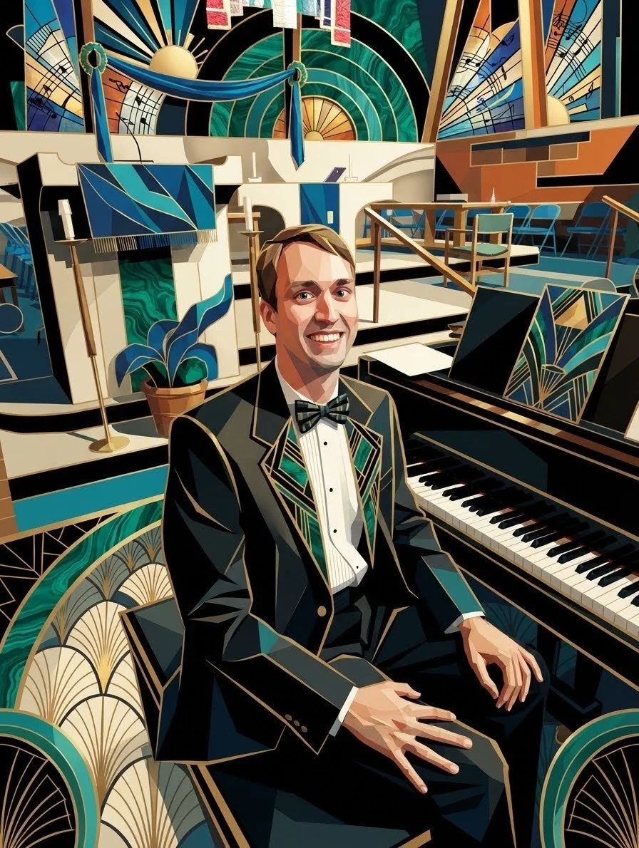 A man in a tuxedo with a bow tie sitting at a black and white piano, smiling, in an ornate, colorful room with musical-themed artwork and a large clock in the background.