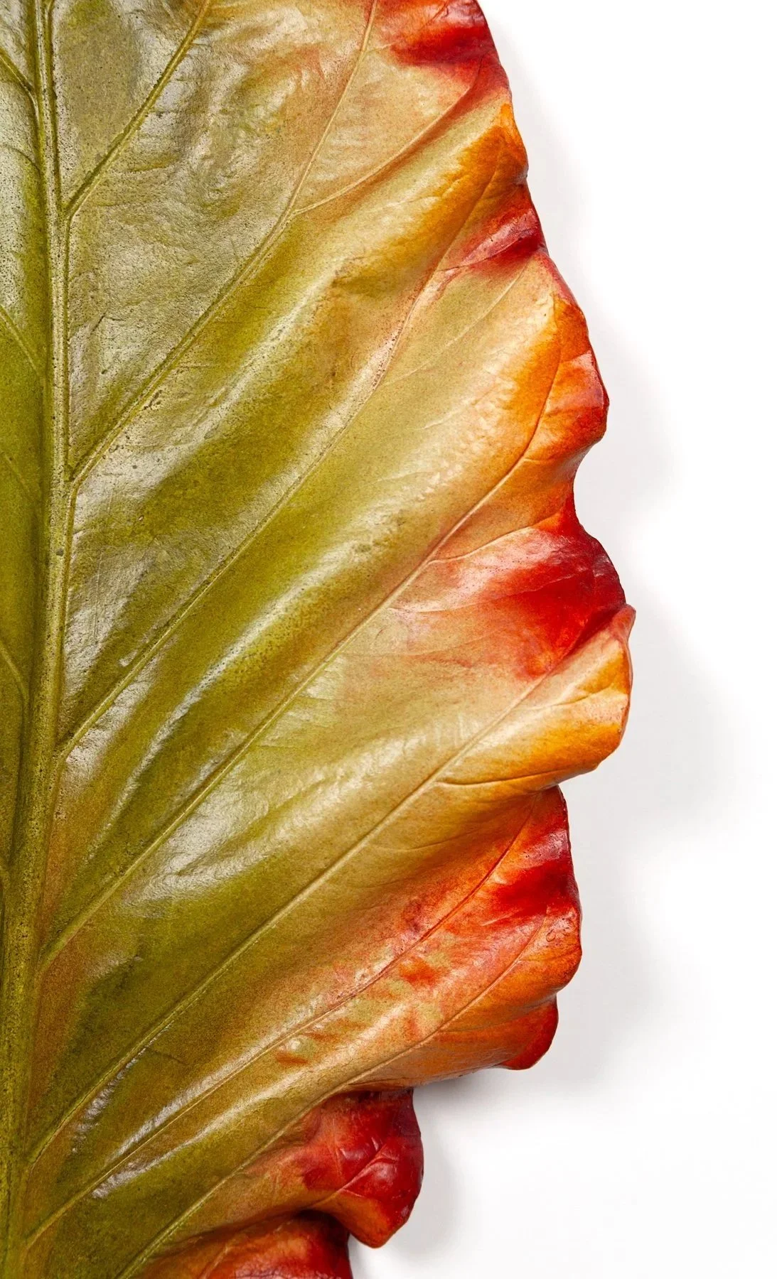 Close-up of a Stoneleaf Studio multicolored leaf sculpture showing green, yellow, orange, and red hues, with visible veins against a white background.