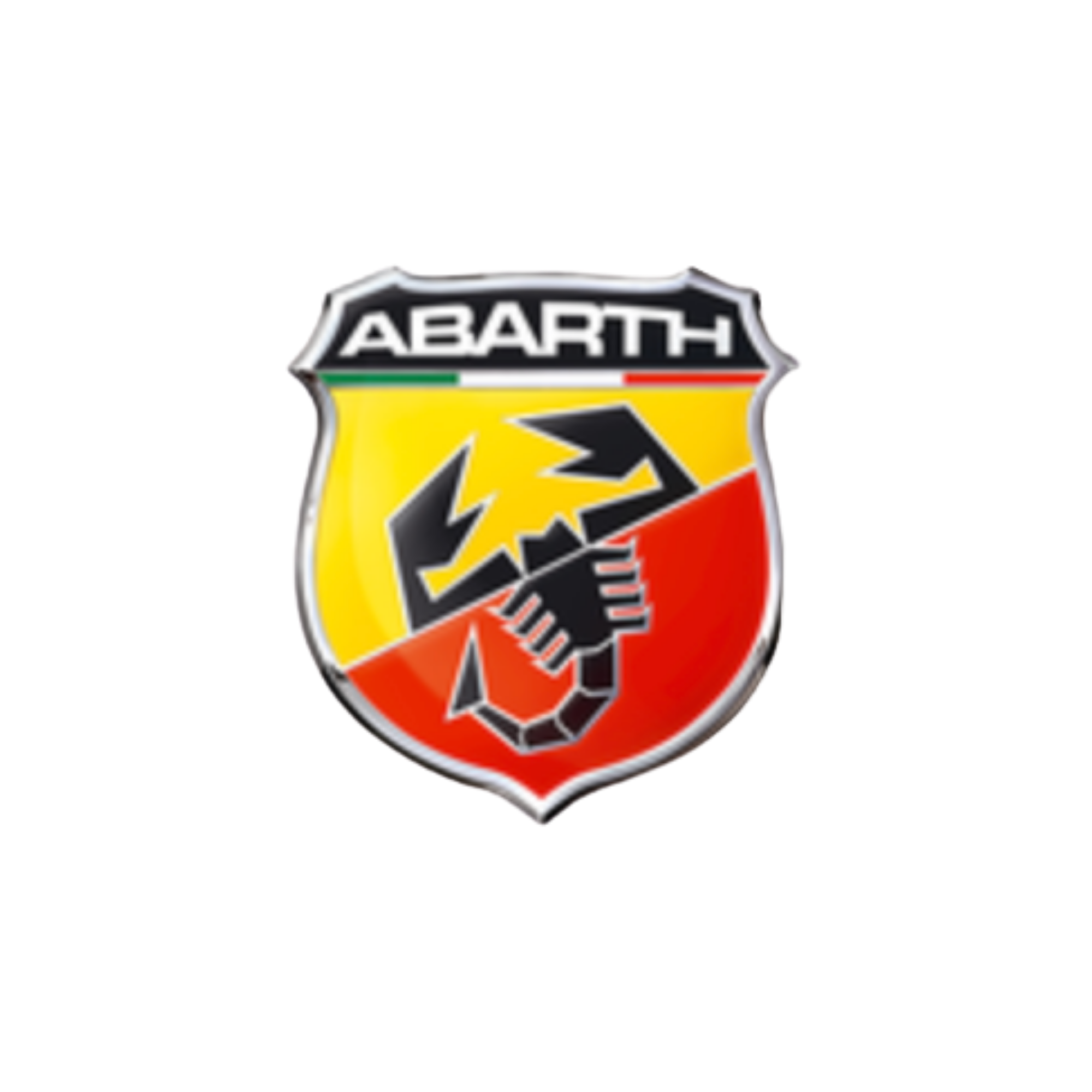Logo della marca Abarth, con scorpione stilizzato su sfondo giallo, verde, rosso e nero.