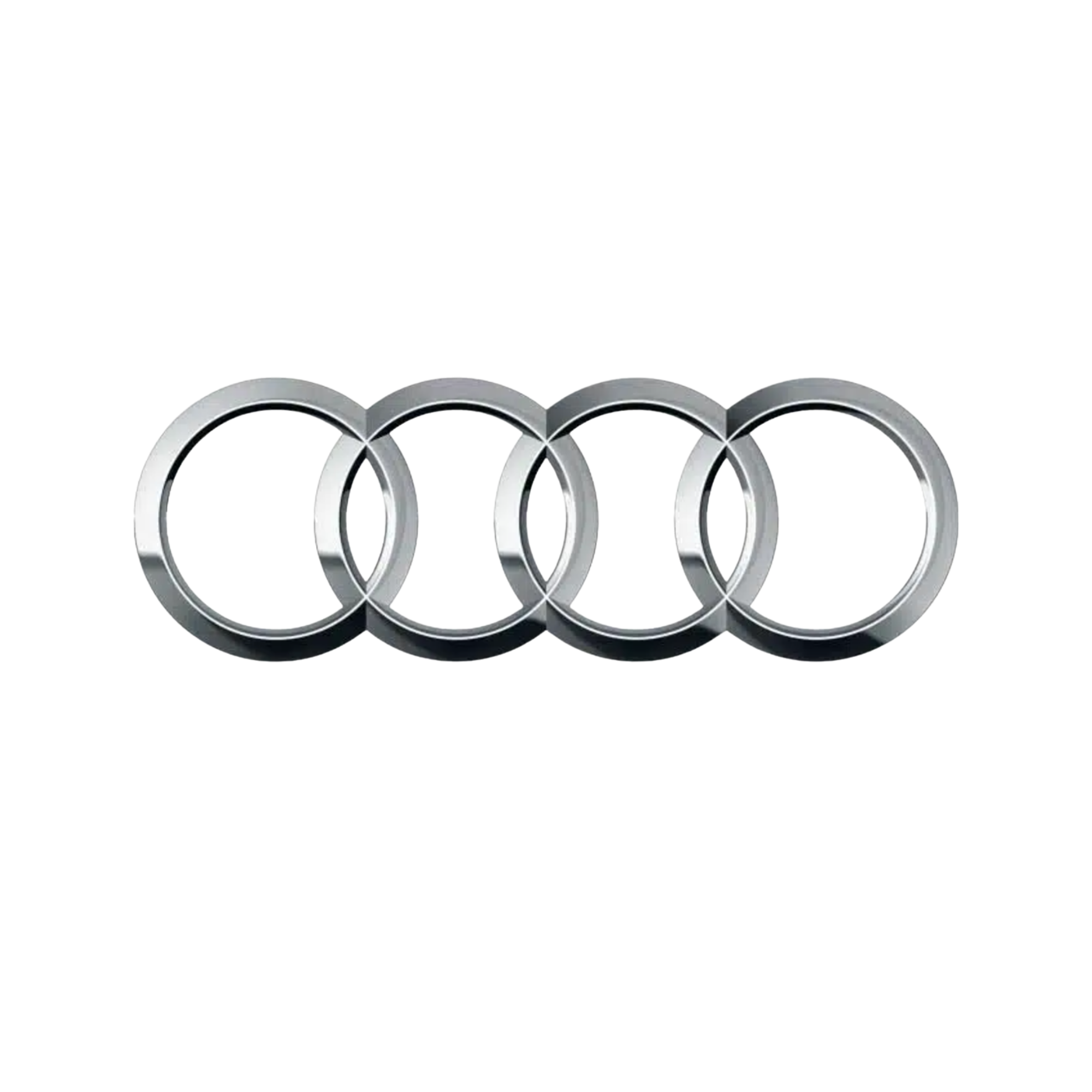 Logo del gruppo automobilistico Audi con cinque anelli sovrapposti in argento su sfondo nero.