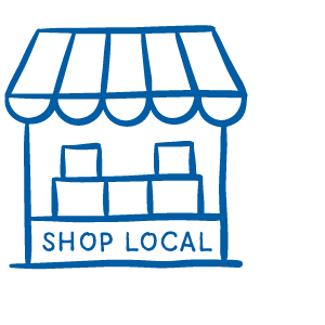 Blue icon of a store with the words "shop local"