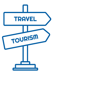 Blue icon of a sign that says travel and tourism