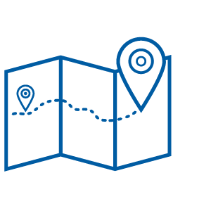 Blue icon of a map with two location pins and a trail