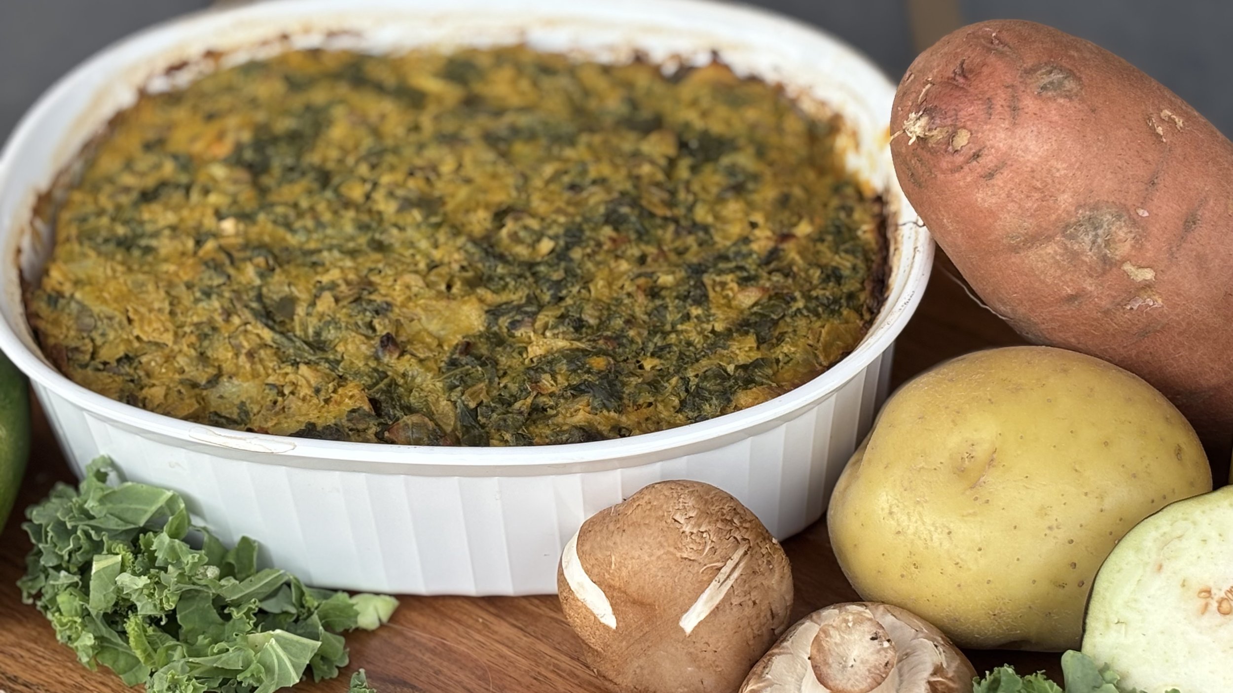 Golden Potato Casserole made with whole-food, plant-based, gluten-free ingredients, baked until golden and creamy for a comforting, satisfying meal.