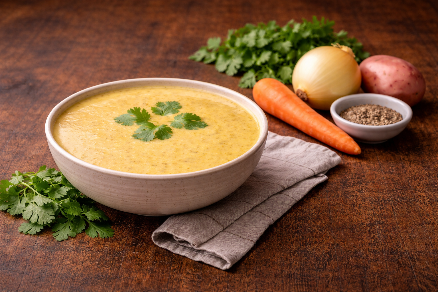 Hearty Lentil Soup made with whole-food, plant-based, gluten-free ingredients, served warm with fresh herbs and vegetables.